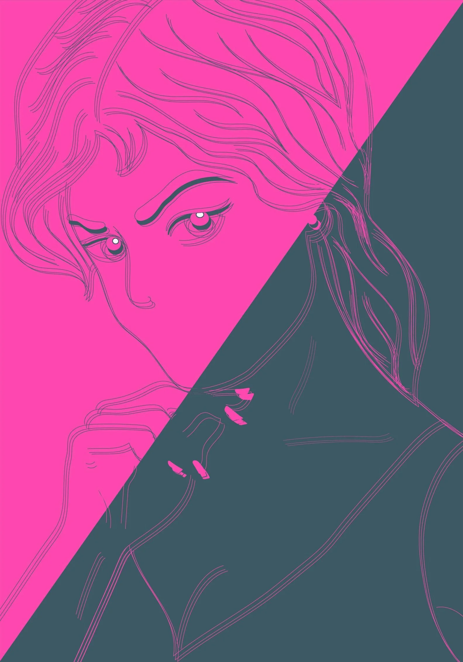 A stylized illustration of a woman with long hair, holding a phone to her ear. The image is divided diagonally, with the upper left side in pink and the lower right side in dark teal, featuring contour lines to depict her face and hair.