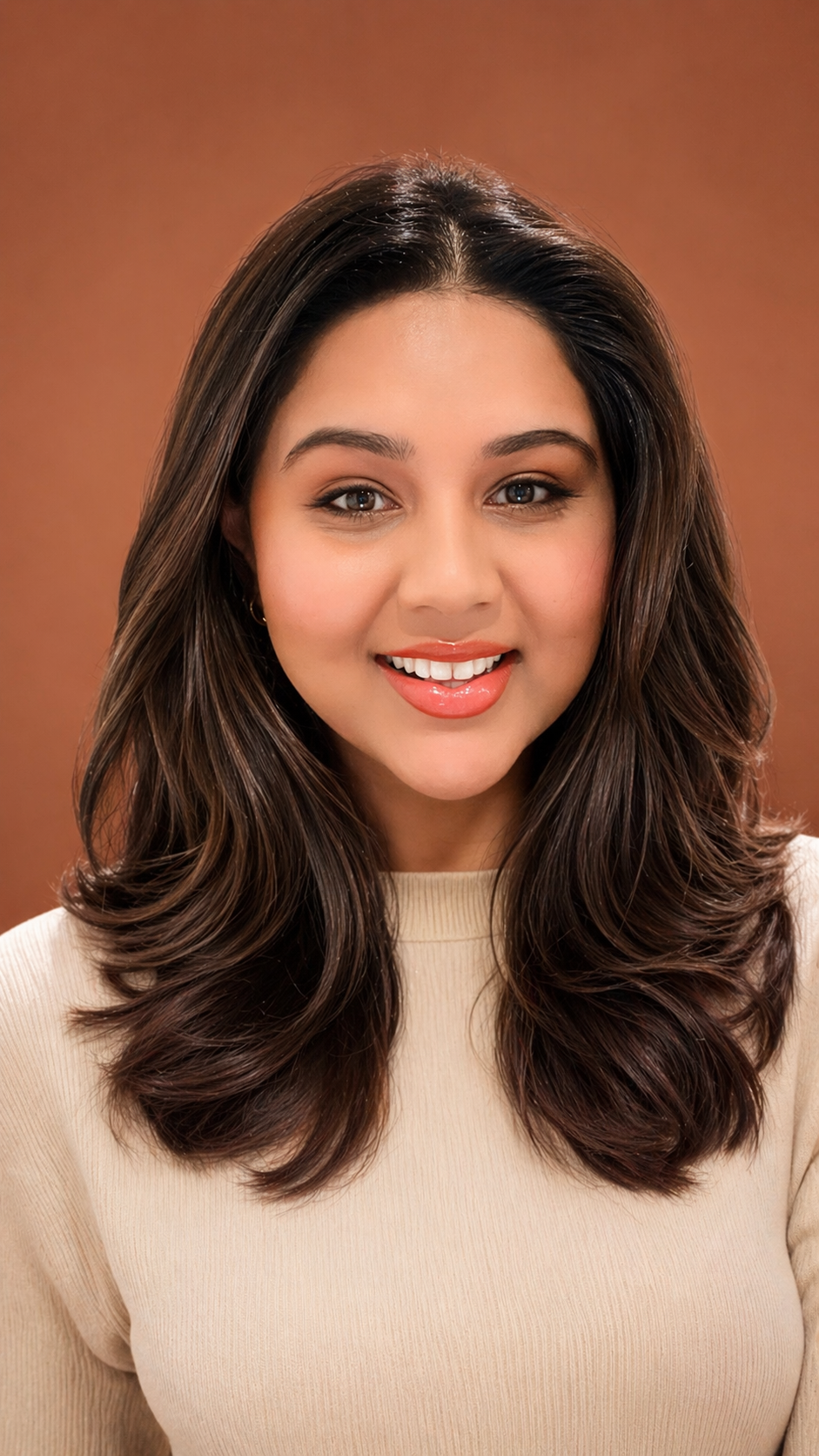 Close-up of a smiling woman with long, wavy brown hair and wearing a cream-colored top, against a plain brown background.