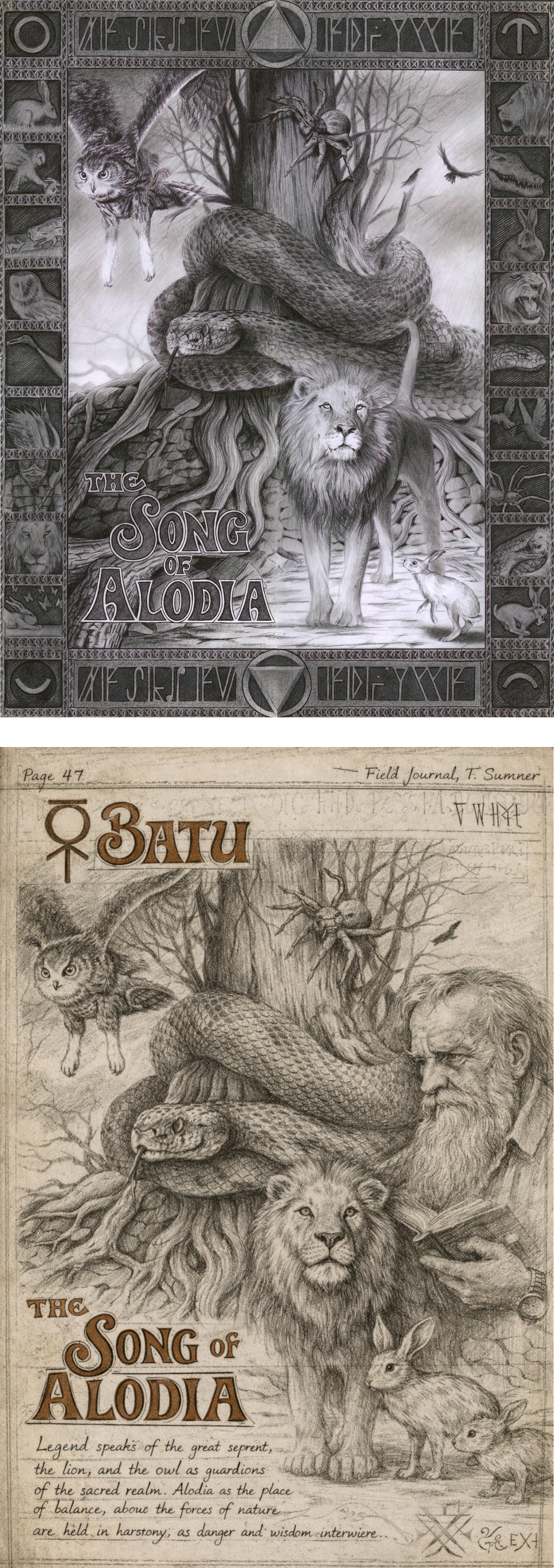 A detailed black and white drawing titled 'The Song of Alodia' depicting a lion with a flowing mane standing at the center, a snake coiled around tree roots, an owl perched on a branch, a flying bird, and a cat with a hat in a forest scene. The drawing contains mystical symbols and animal illustrations along the borders, conveying themes of nature, magic, and guardianship.