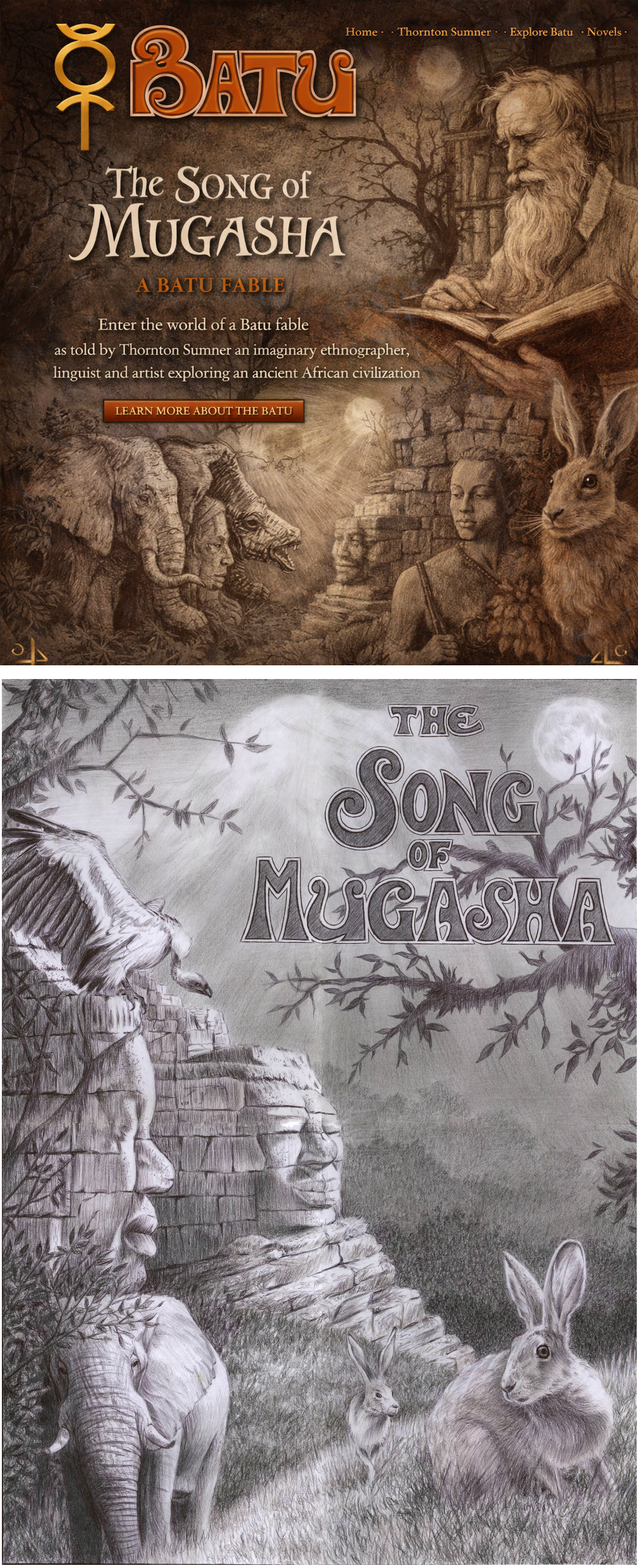 A detailed black and white illustration of wildlife and historic monuments, featuring a vulture, elephants, rabbits, and stone carvings resembling the faces of ancient leaders, with the title 'The Song of Mugasha' written across the scene.