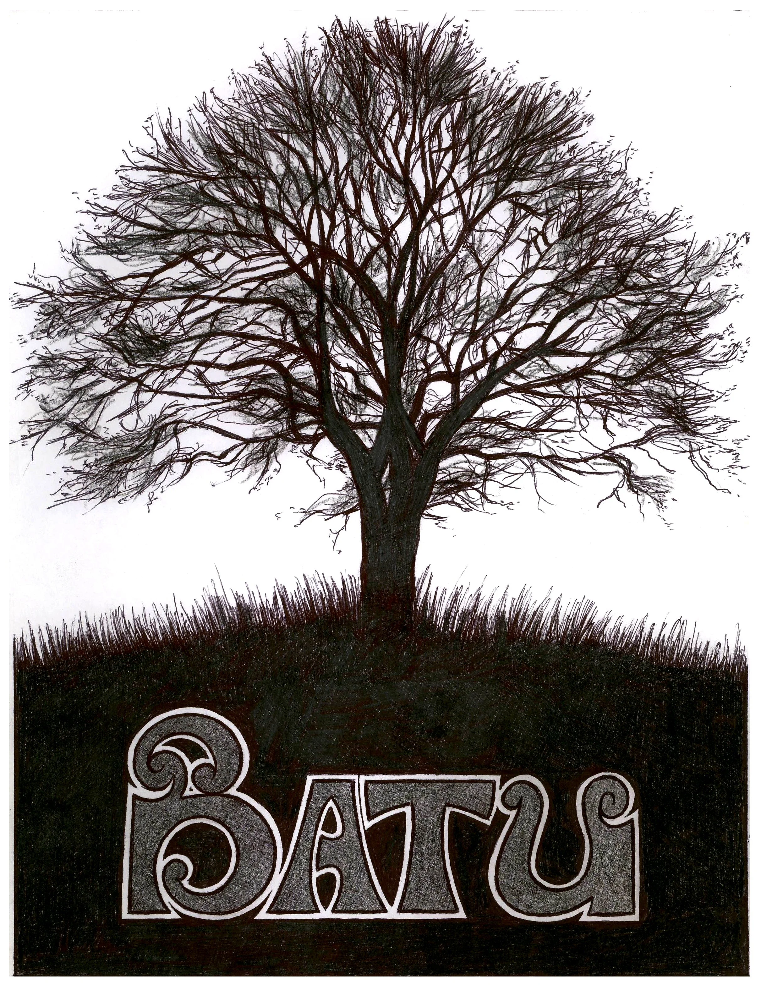 Black and white drawing of a leafless tree with a thick trunk on a grassy hill with the word "BEATSU" written in stylized letters at the bottom.