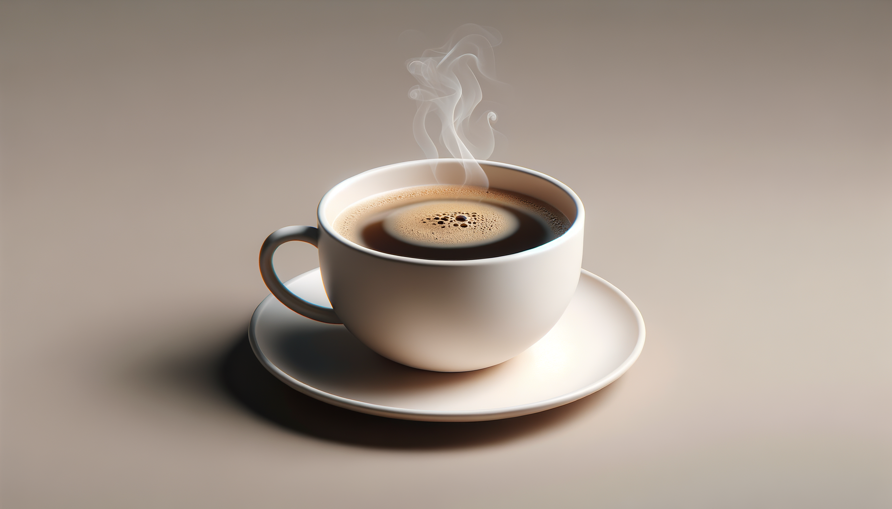 A white cup of hot coffee with steam on a white saucer, sitting on a neutral-colored surface.
