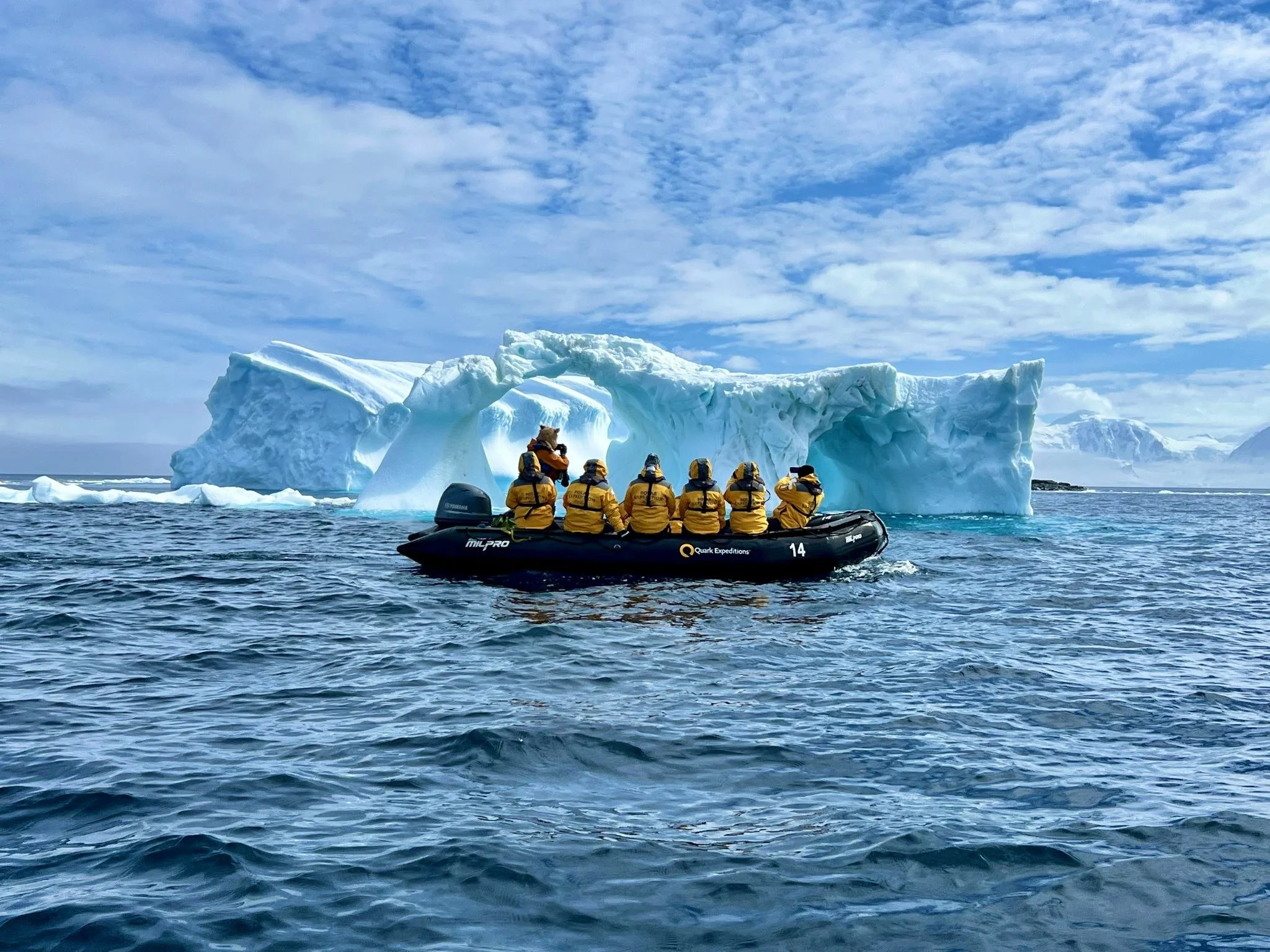 Bucket-List Journeys Antarctic expedition Ponton floating in the ocean.