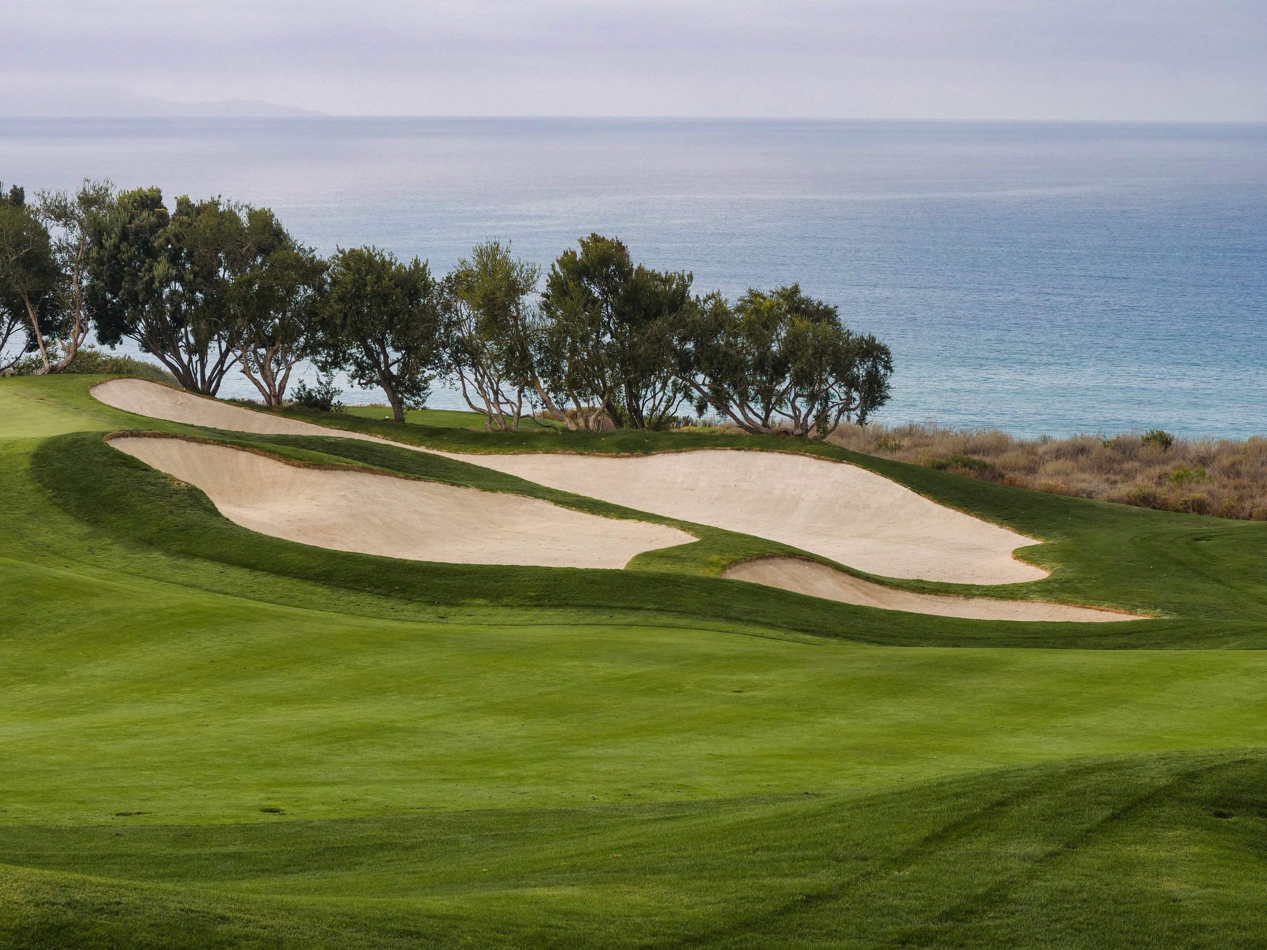 A golf course with green grass, sand bunkers, and trees near the coastline with ocean water and cloudy sky in the background.