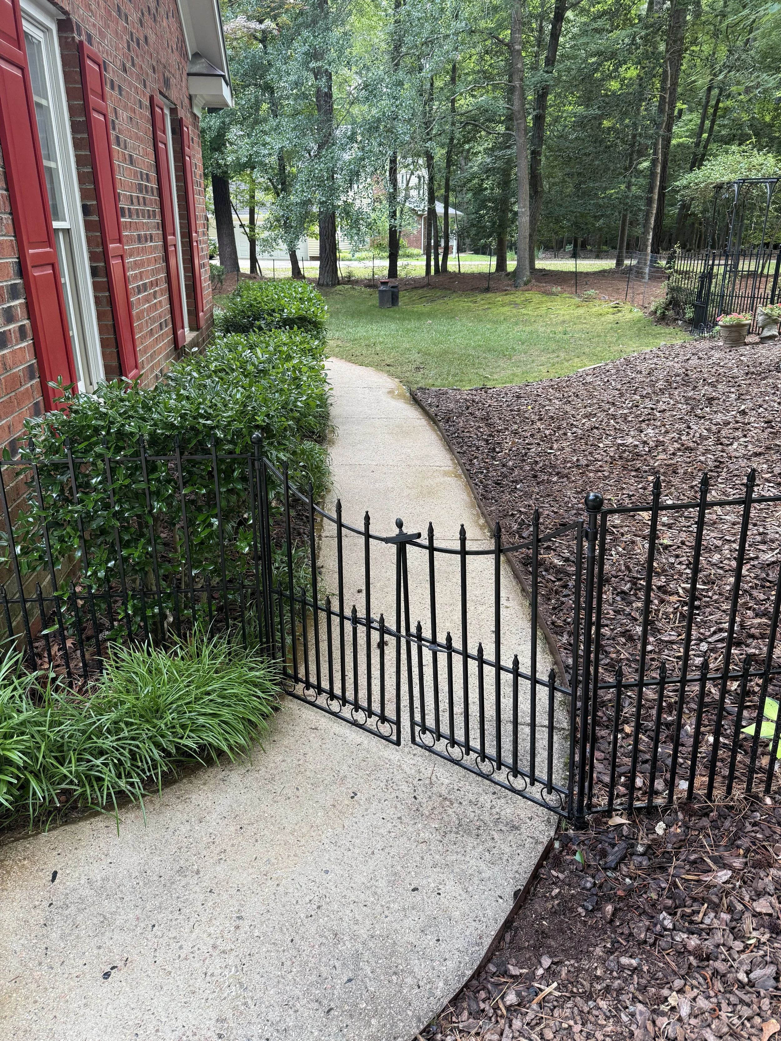 A backyard with a concrete sidewalk, green bushes, and a black metal fence. There is grass, trees, and a house with red shutters on the left. A yard and trees are visible beyond the fence.
