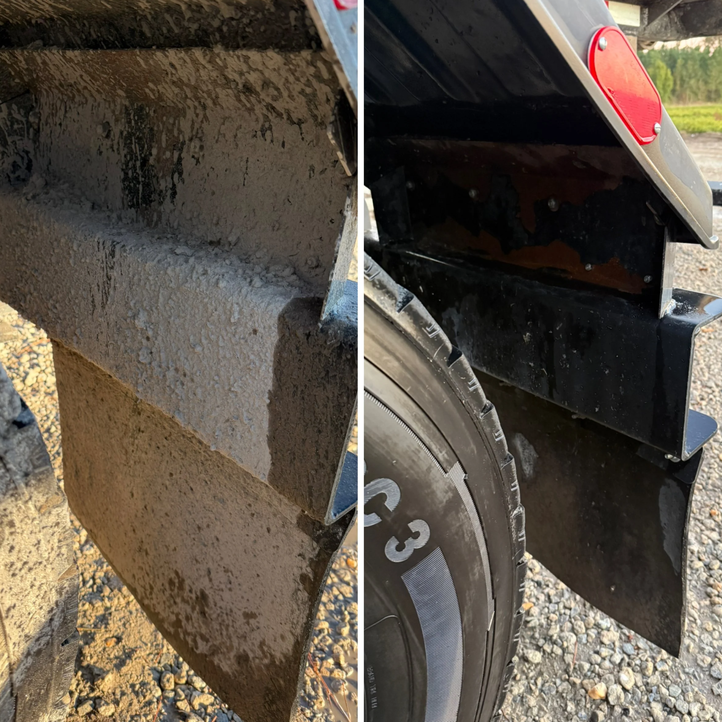 Close-up of a construction or farm trailer with a dirt and gravel surface underneath, showing the side and back area with a red reflector on the back.