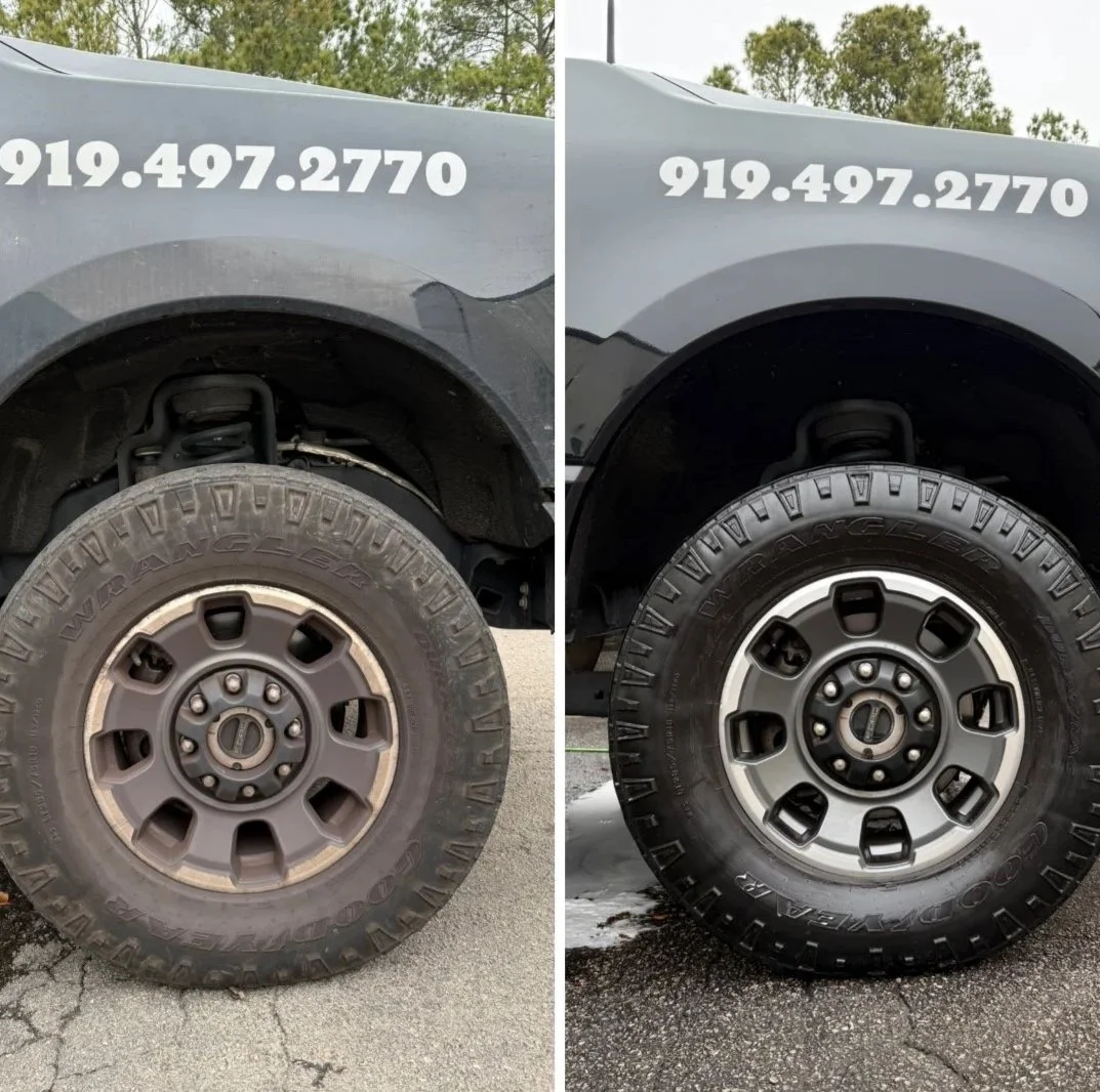 Side-by-side comparison of a vehicle's front wheel with the tire and rim before and after replacement or cleaning, showing the same vehicle with a different rim design. The vehicle has a phone number, 919.497.2770, on the side.