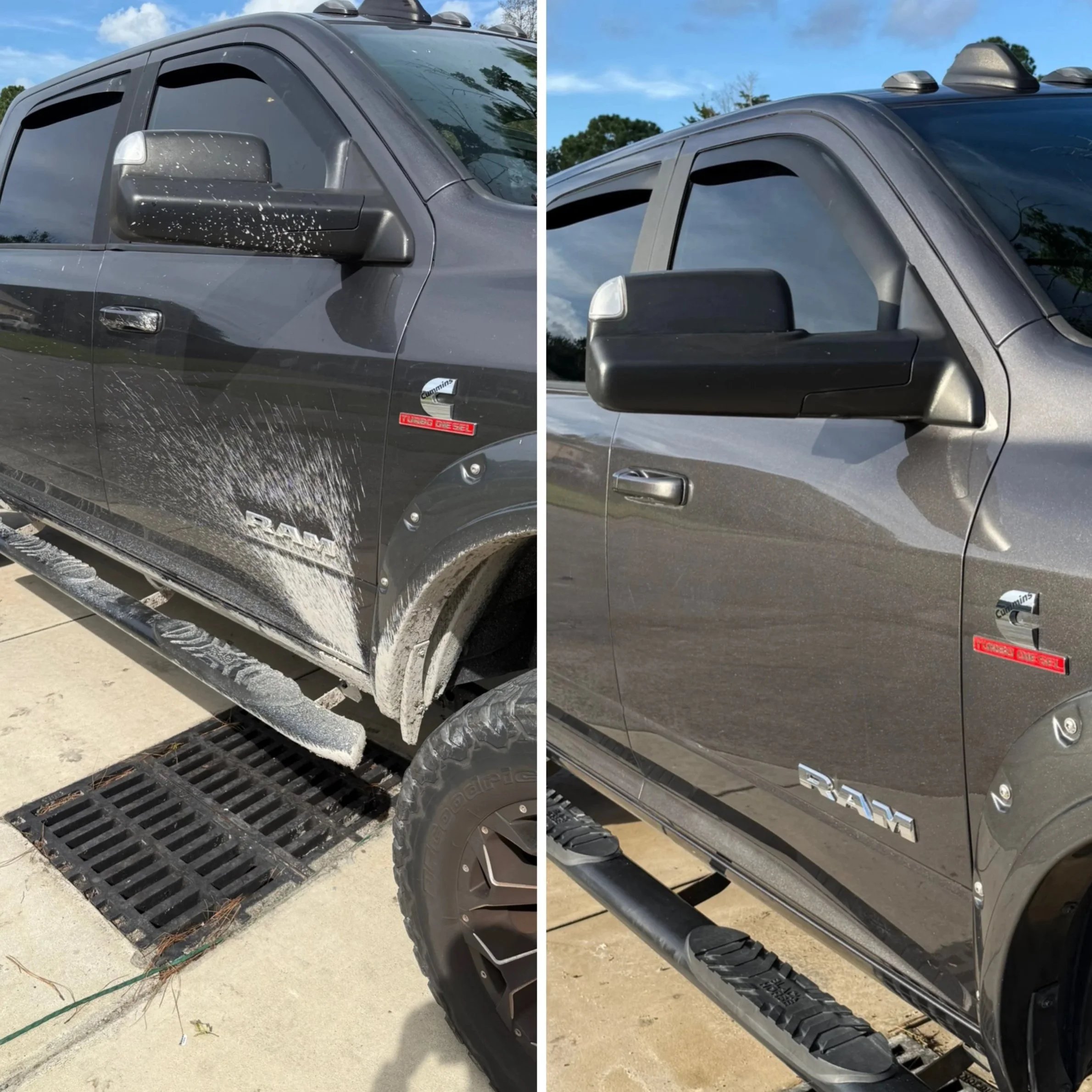 Side-by-side comparison of a dark gray pickup truck. The left side shows the vehicle with muddy and splattered dirt on the side mirror and door, and the right side shows the truck clean and shiny.