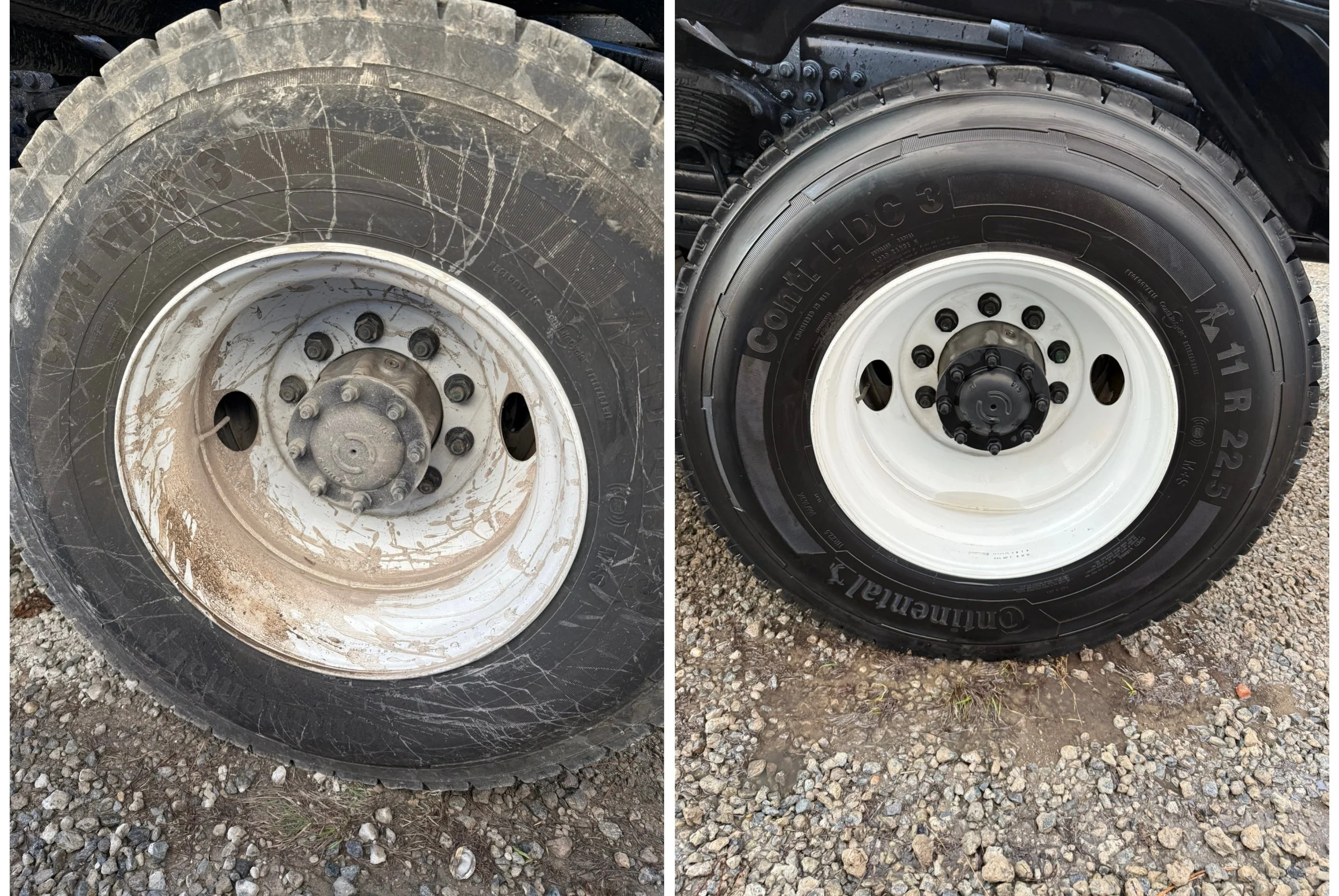 Comparison of two vehicle tires side by side on gravel ground, one dirty and worn, the other clean and new.