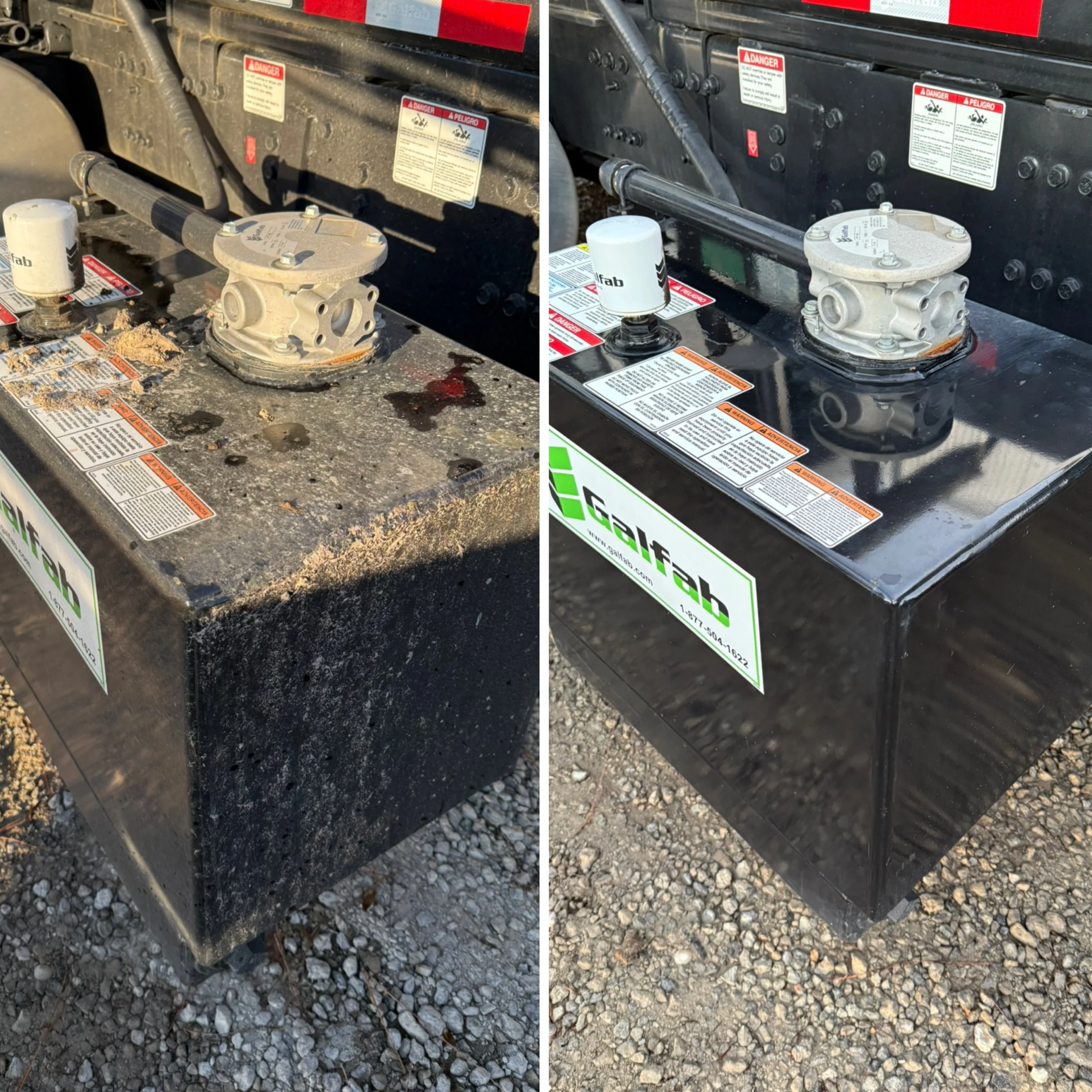 Side-by-side comparison of a fuel tank fitting before and after cleaning or maintenance, with dirt and dust present in the left image and clean surface in the right image.