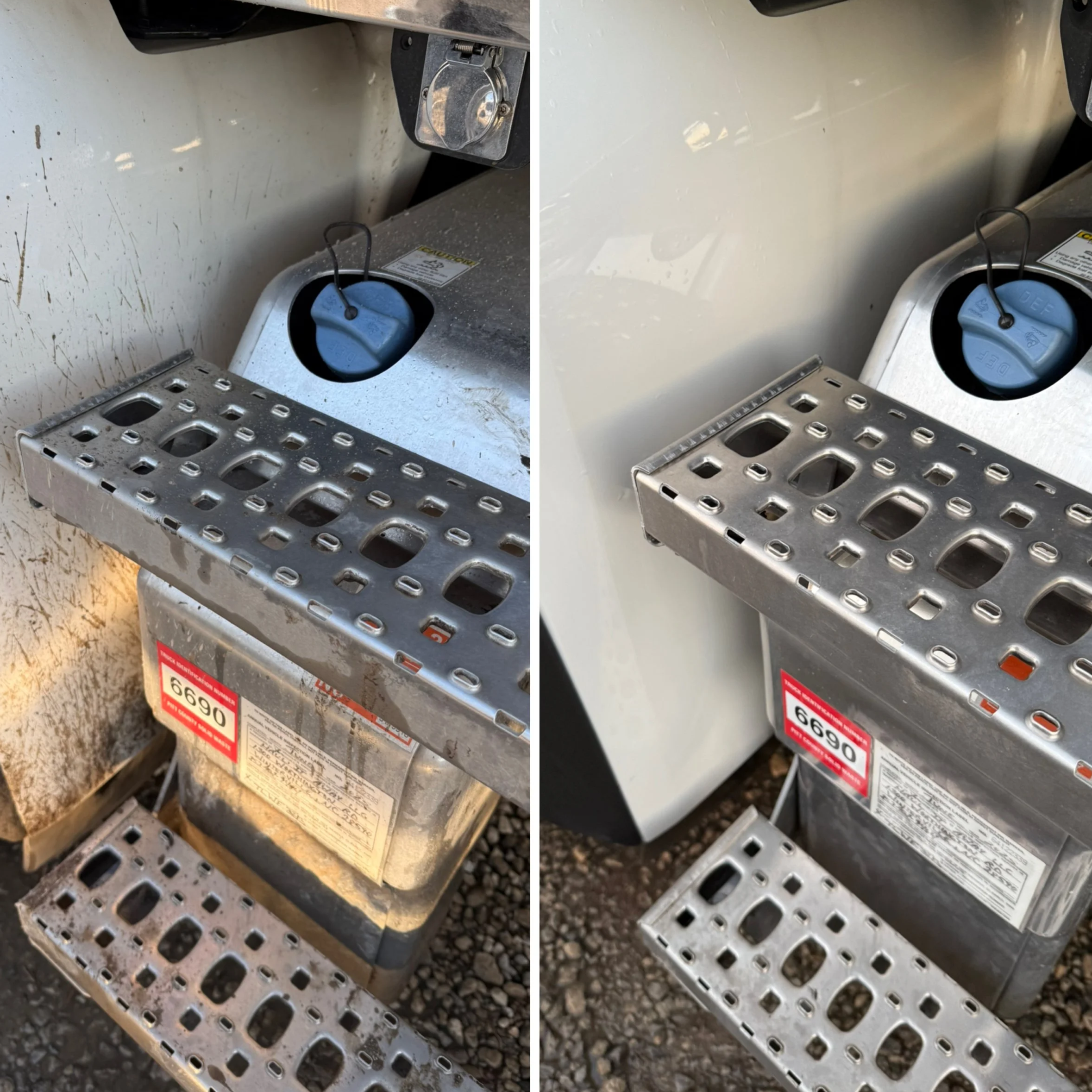 Side-by-side comparison of a metal vending machine or kiosk showing an electrical outlet, with the left side image showing a dirty and scratched machine and the right side showing a clean and shiny machine.