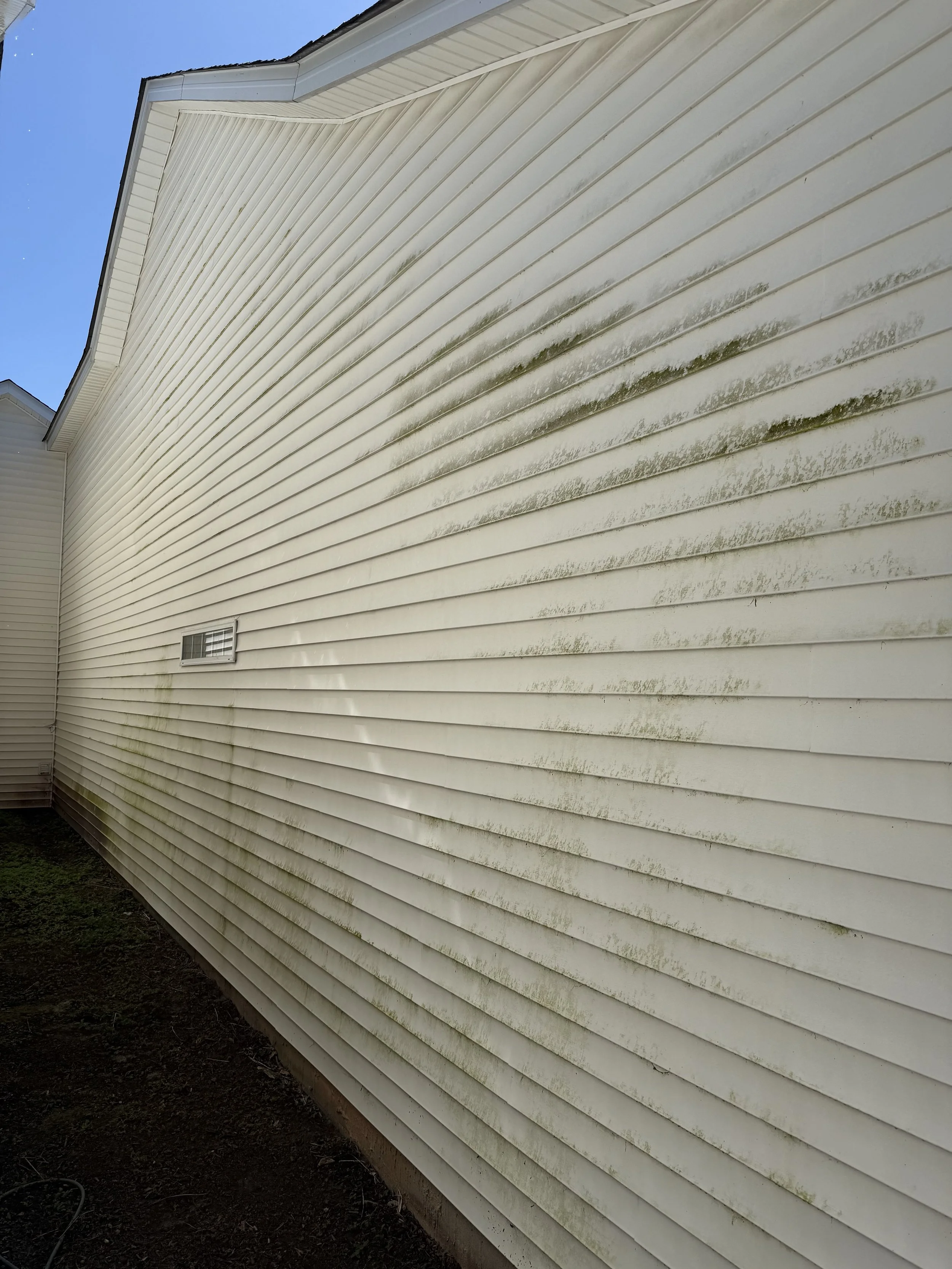 The side of a house with dirty white vinyl siding that has dark green moss or mold streaks, under a partly cloudy sky.