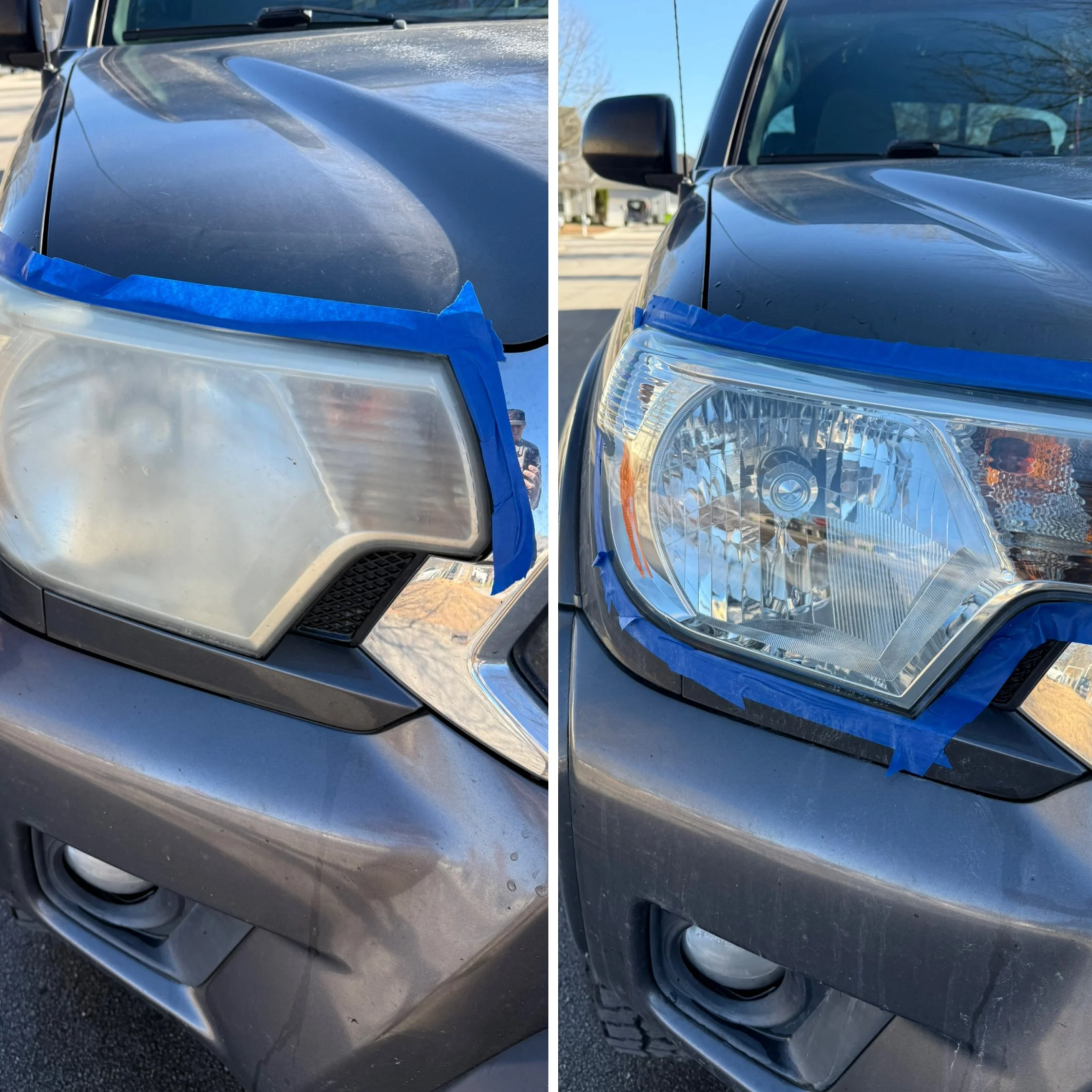 Comparison of two car headlights, with the left headlight appearing foggy and cloudy, and the right headlight clear and shiny, with blue painter's tape around in both images.