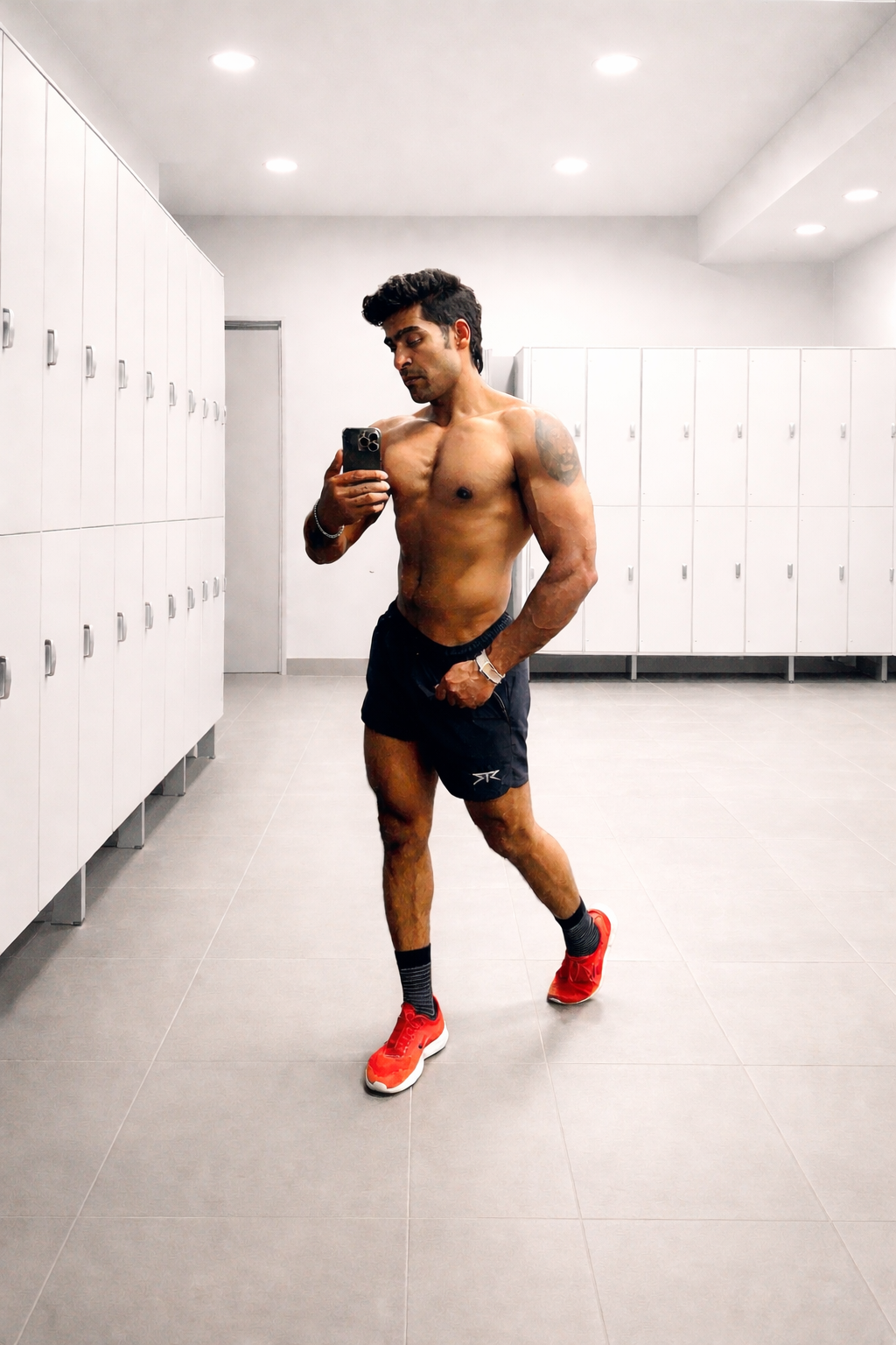 A shirtless man with dark hair taking a mirror selfie in a locker room, wearing black shorts and red athletic shoes.