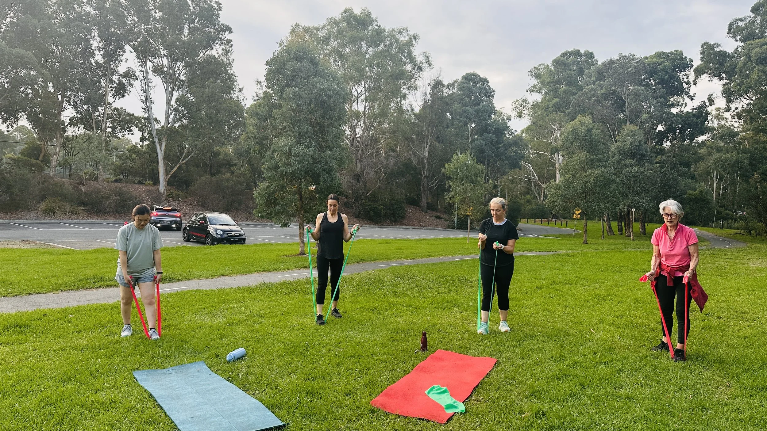 Four women exercising outdoors on a grassy area with trees in the background and parked cars nearby. They are using resistance bands for strength training.