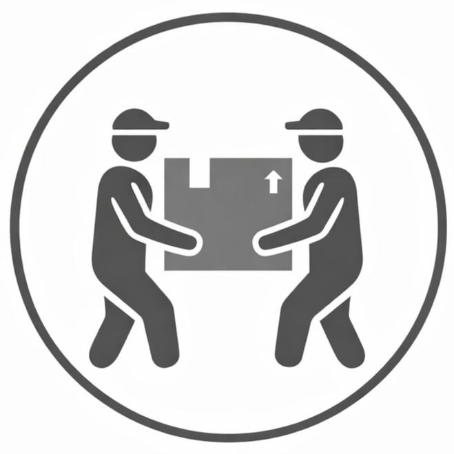 Icon of two workers wearing hats, carrying a box together, inside a circle. Delivery service unloading large items at customer location.