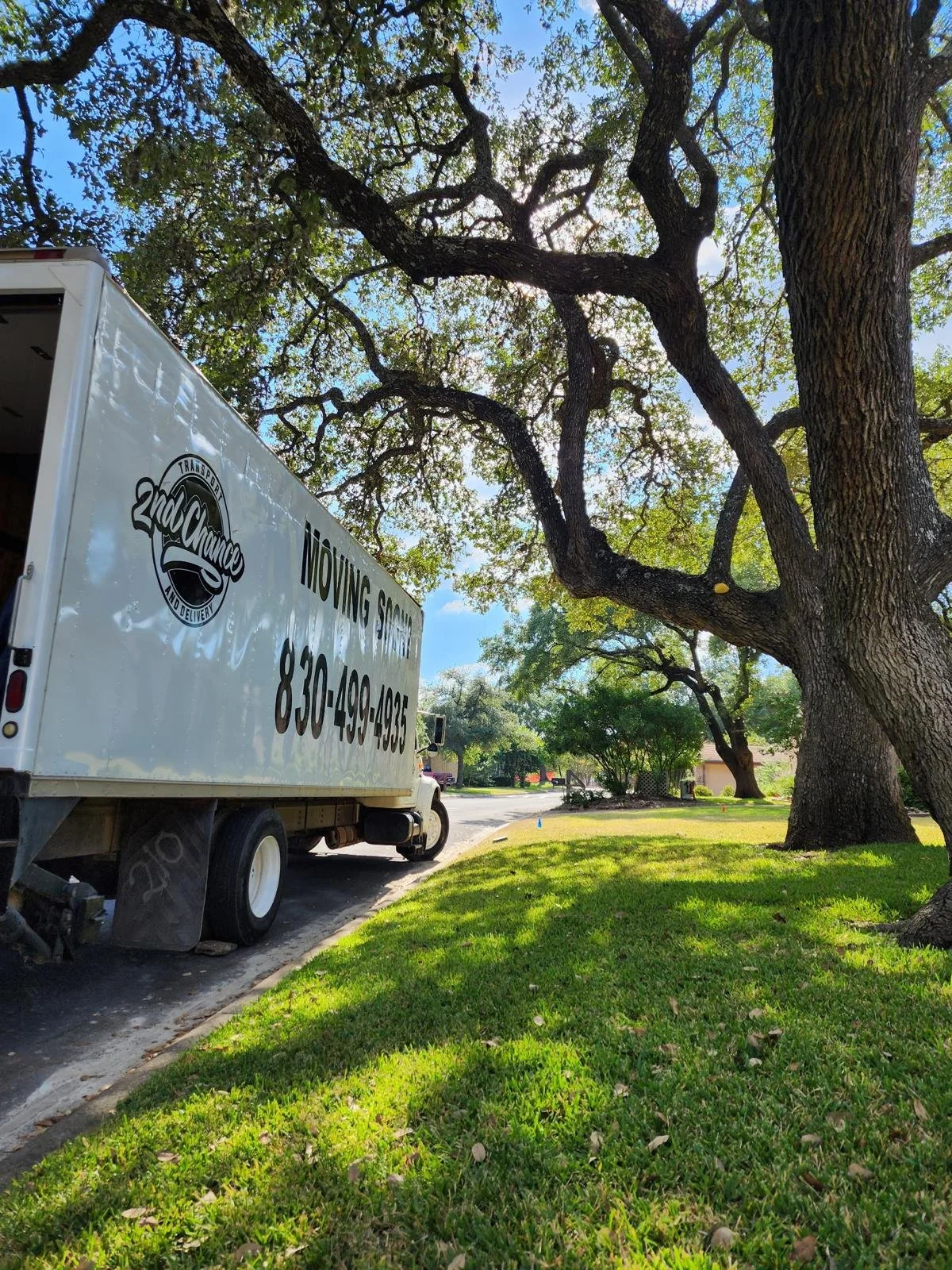 A moving truck parked on a residential street next to a large tree with sprawling branches and green leaves, with sunlight filtering through the branches.