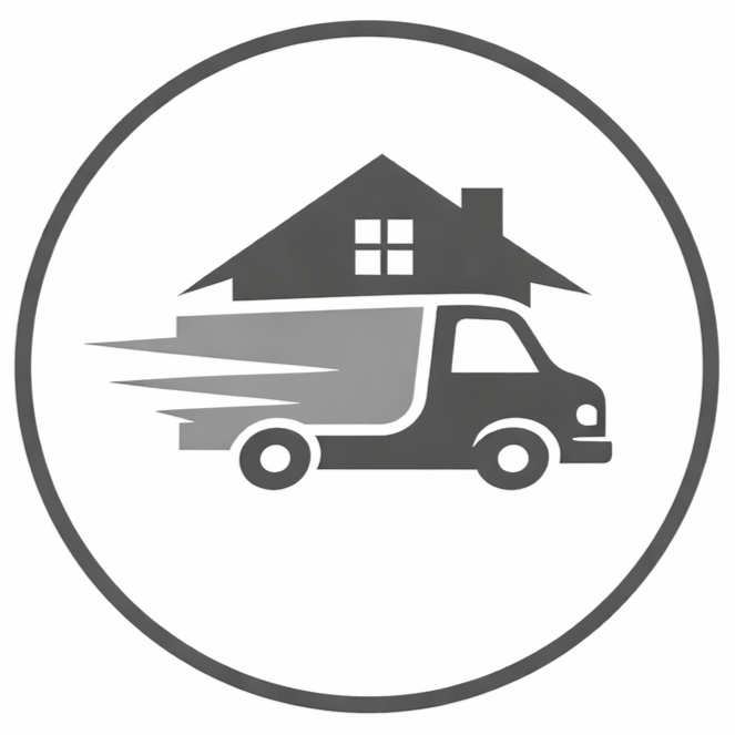 Icon of a delivery truck with a house above it, inside a circle. Professional movers handling furniture during a residential move