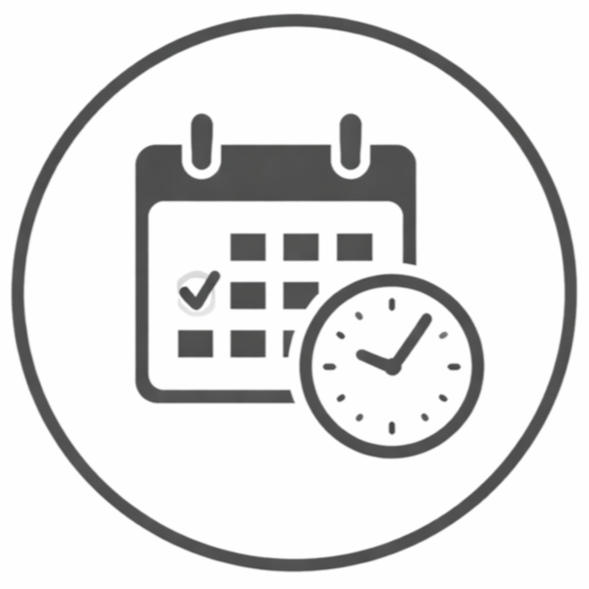 Calendar and clock icon representing scheduling or appointment setting. Commercial moving project with equipment transport