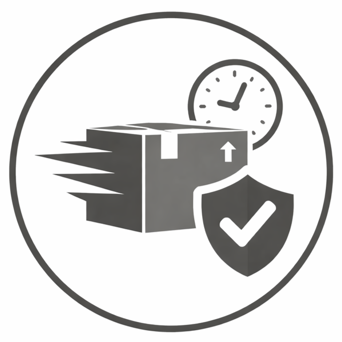 Package delivery with a checkmark shield and clock indicating timely and secure shipping. Freight transport with organized loading inside truck.