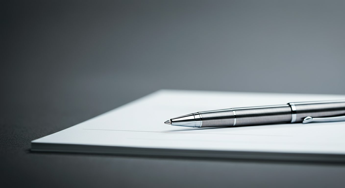 A silver pen resting on a blank white sheet of paper on a dark surface.