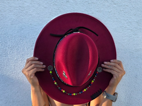 Red Velvet Hat with Beaded and Leather Details