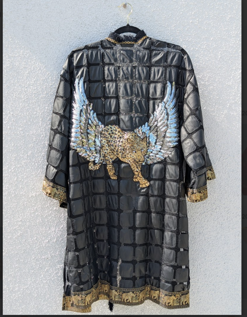 Black Checkered Kimono with Winged Tiger Patch