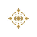 A beige-colored compass rose with a small circle in the center and four directional points.