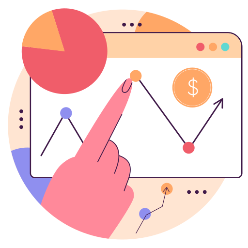 Illustration of a hand pointing at a line graph with a pie chart and dollar sign on a computer screen, representing financial analysis or investment growth.