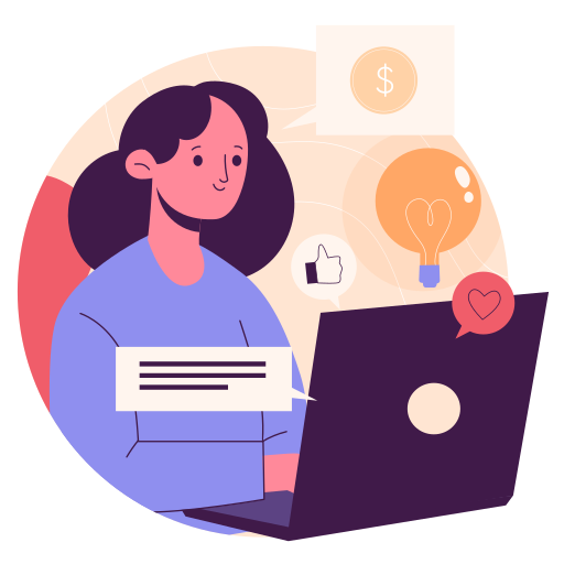 A woman using a laptop with icons of a dollar sign, a light bulb, a thumbs up, and a heart floating around her.