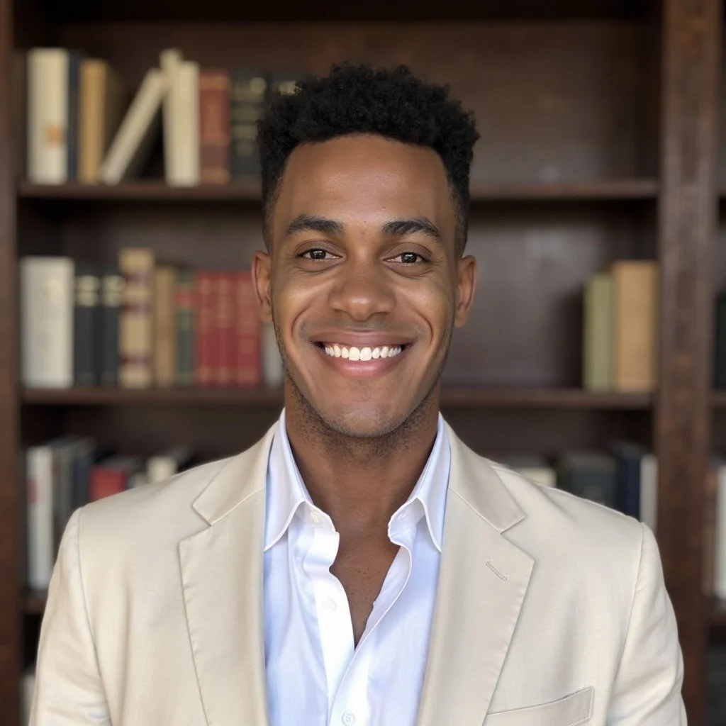 A smiling man with short curly hair wearing a beige blazer and white shirt, standing in front of a wooden bookshelf filled with books.