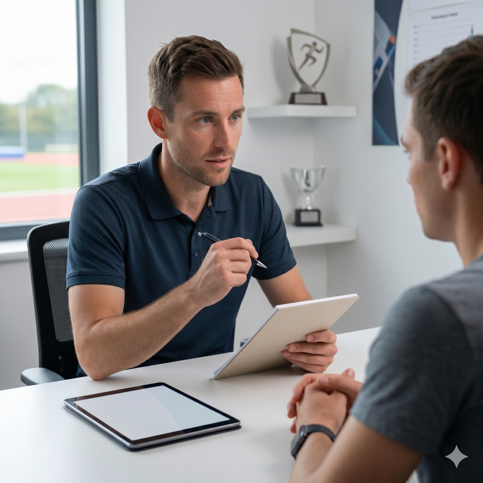A man with brown hair and blue eyes, wearing a navy collared shirt, is sitting at a desk speaking with another person whose face is not visible. The man is holding a pen and a large beige folder, engaging in a serious conversation in an office setting. There is a tablet on the desk, and a trophy and a shield-shaped award are visible on a shelf on the wall behind him.