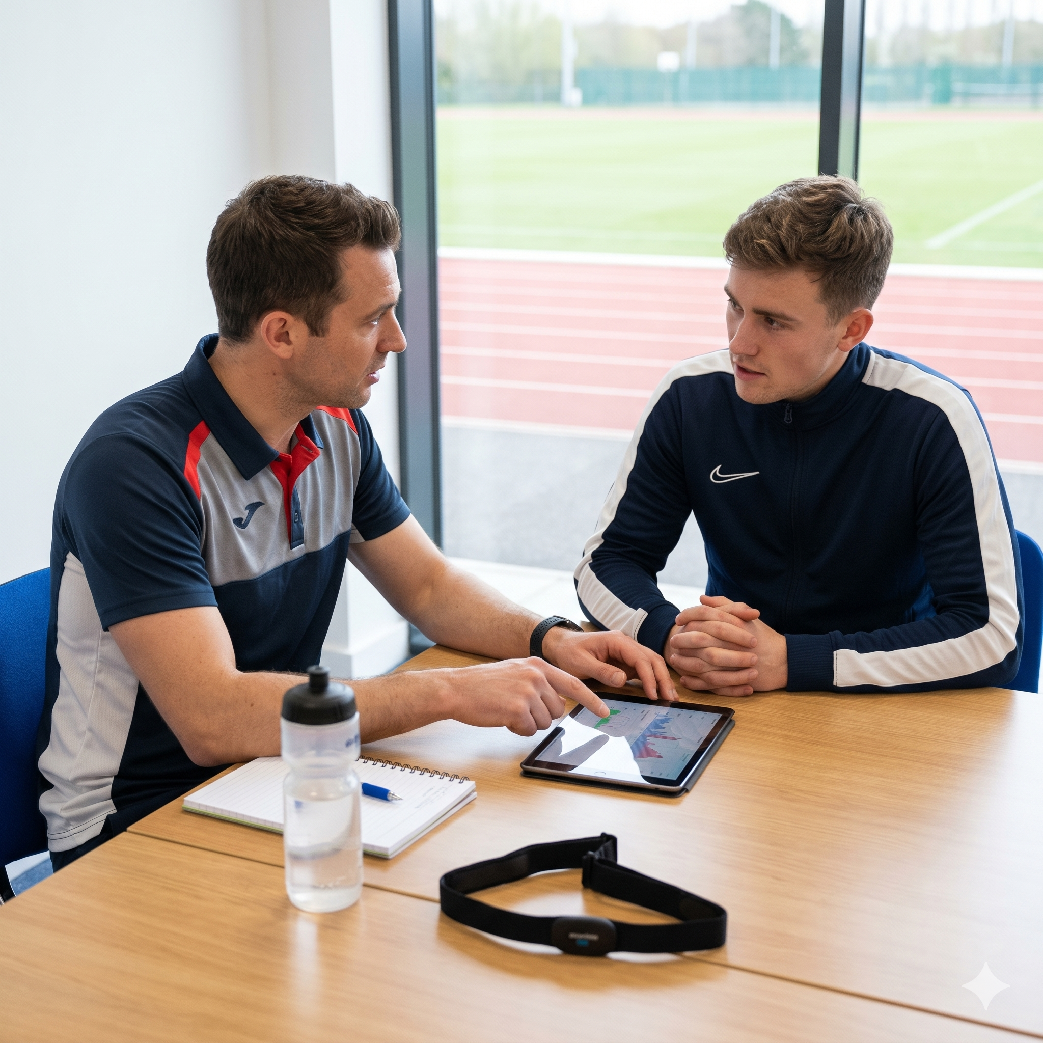 Two young men are sitting at a wooden table engaged in conversation in a room with large windows, overlooking a green athletic field and track. One man has dark brown hair and is wearing a dark sports jacket, while the other has light brown hair and is dressed in a navy blue jacket with white accents. On the table are a tablet, a notebook with a pen, a water bottle, and a black item that looks like a fitness tracker or wristband.