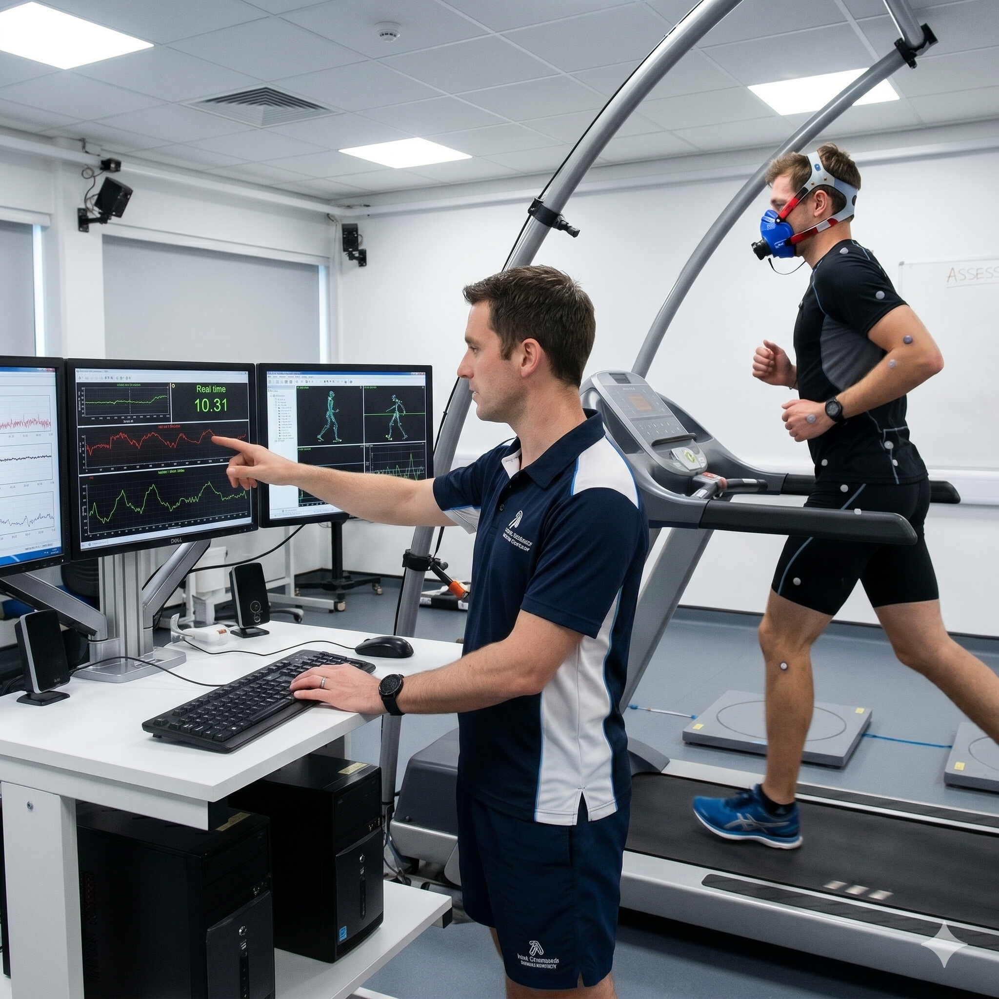 A man and a woman working in a clinical or research setting with multiple monitors displaying data about walking or movement analysis. The woman is wearing a headband with sensors and has sensors on her arm and leg, indicating a gait analysis or biomechanics study.
