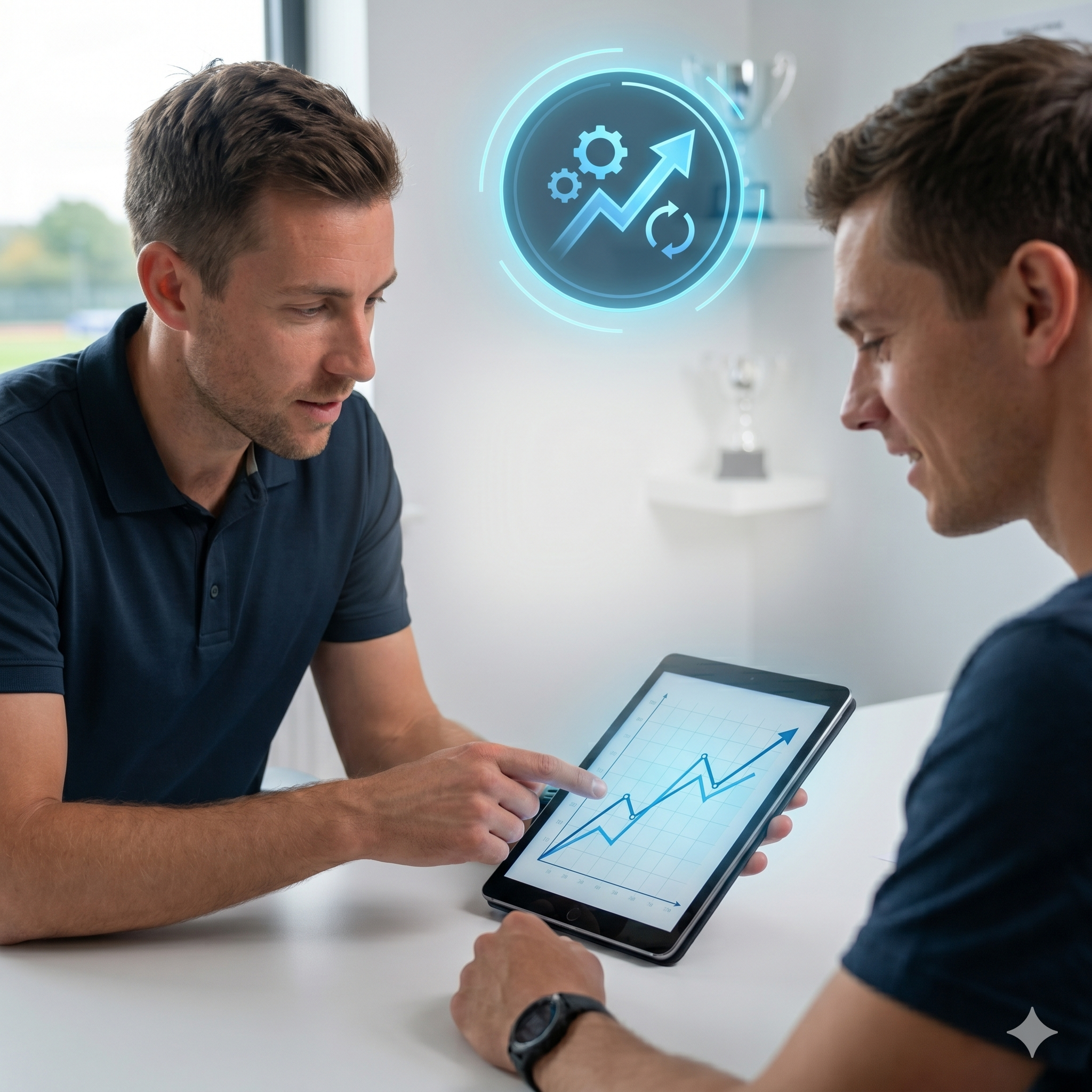 Two men are discussing while looking at a tablet displaying a line graph trending upward, indicating growth or success.