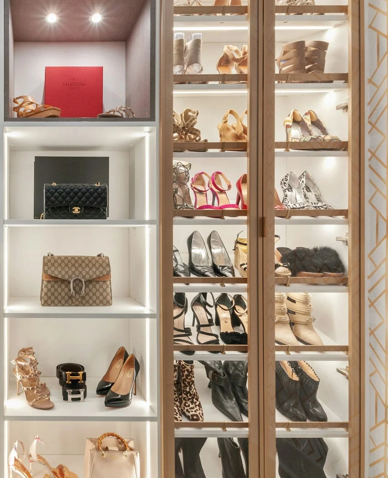 Display shelves with various women's shoes, handbags, and accessories in a retail store. West Hartford Closet Company WH Closet Co.