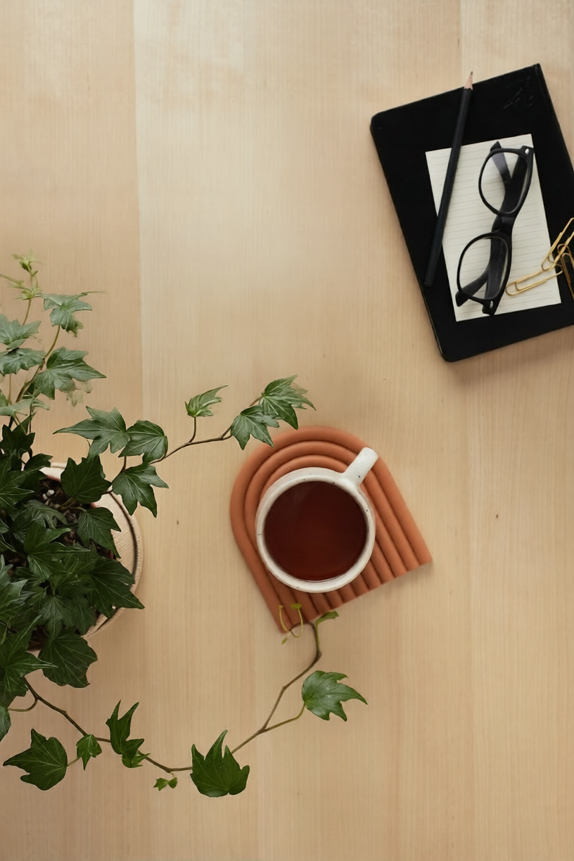 A top view of a workspace with a coffee mug on a silicone heat-resistant mat, next to a green potted ivy plant, and a black notebook with glasses, a black pencil, and a paperclip on a light wooden surface.