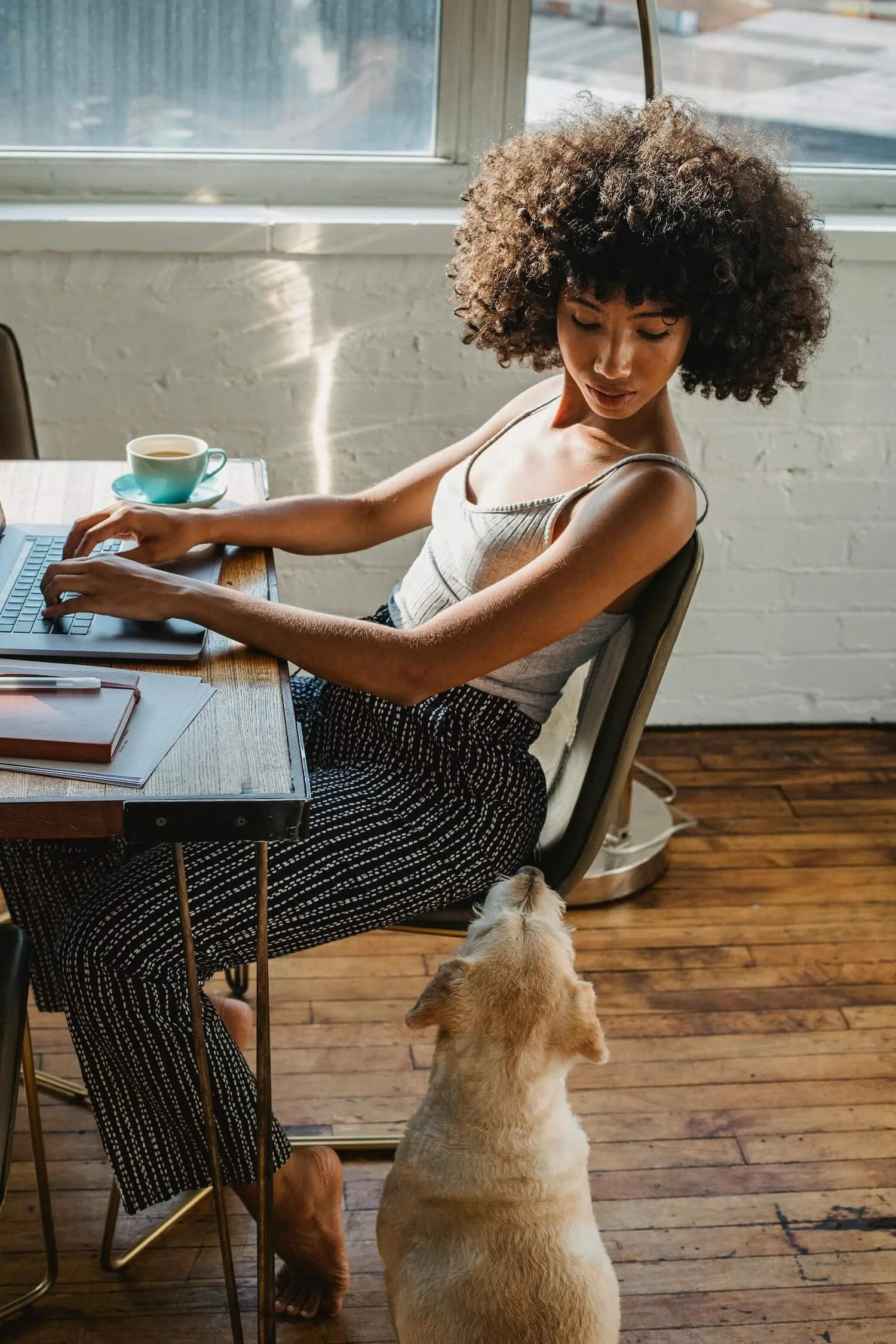 A woman sitting at a desk using a laptop with a cup of coffee nearby. A small dog is sitting on the wooden floor looking up at her.