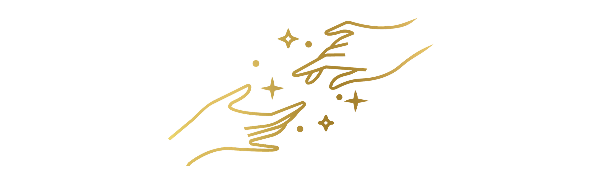 A stylized gold outline of a hand with sparkling stars around it, pointing towards a glowing star on a black background.