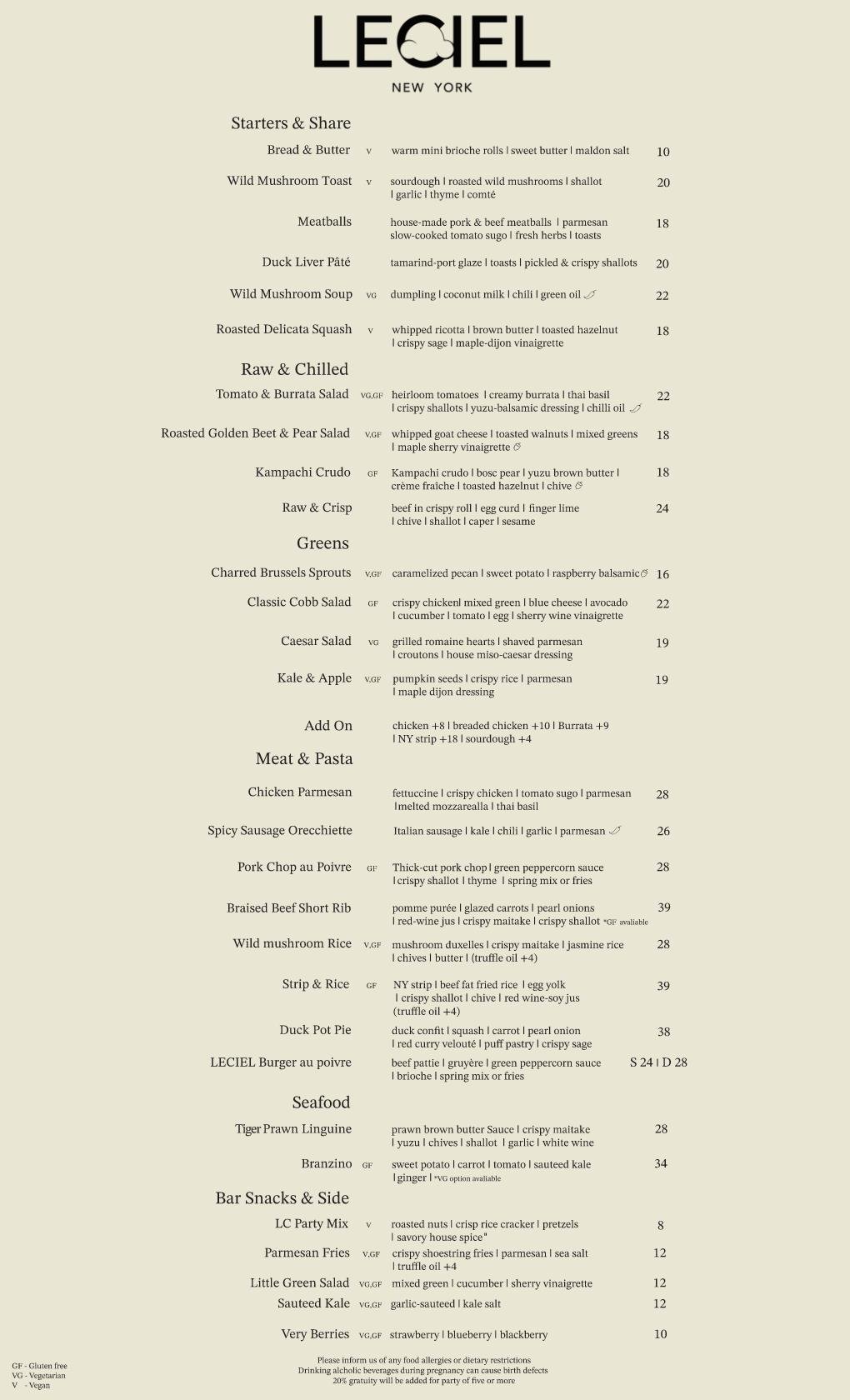 Menu from Leciel New York, listing various starters, shareable dishes, salads, add-ons, meat and pasta, seafood, and side snacks, with prices and descriptions.