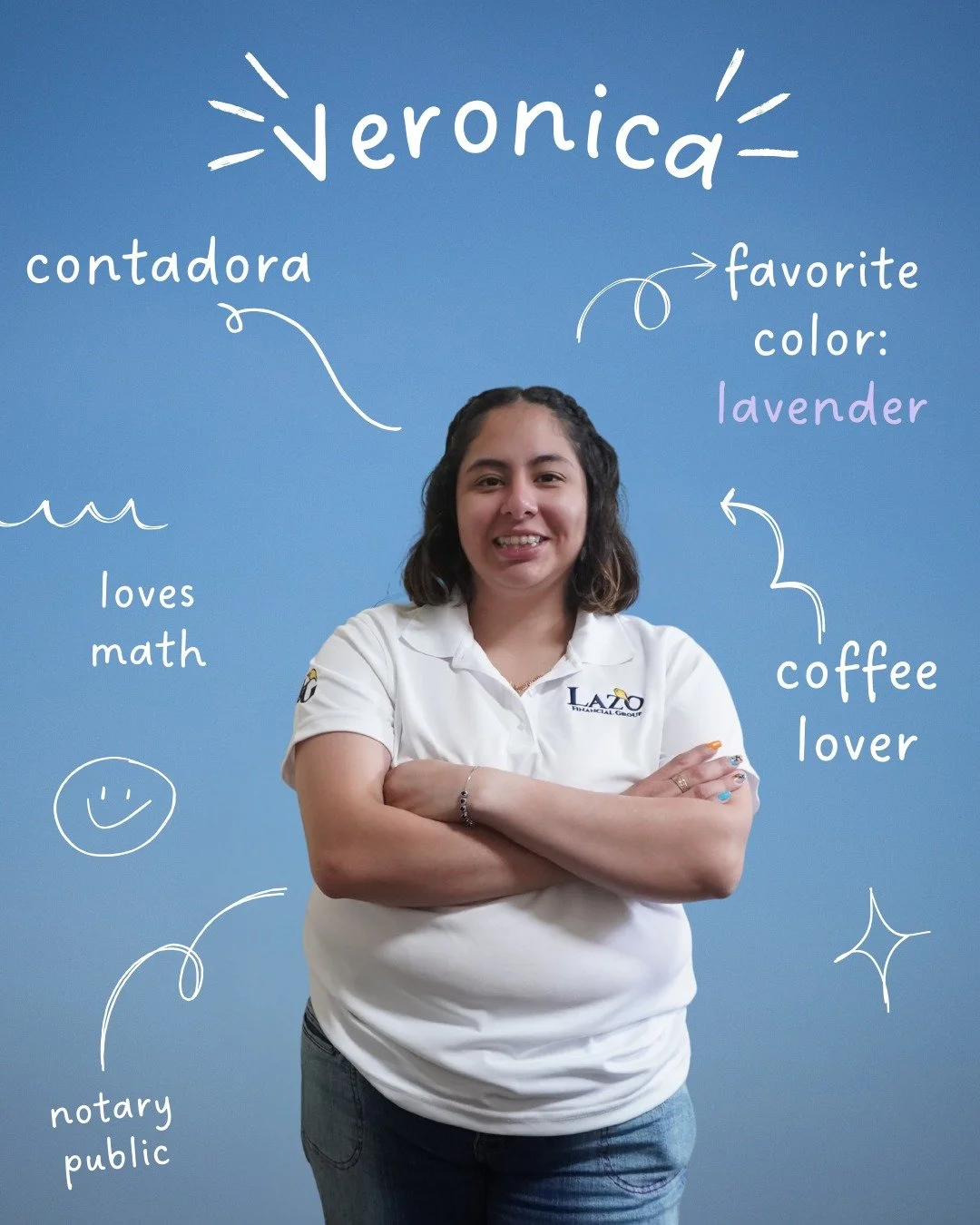 A woman standing in front of a blue wall with handwritten notes and doodles, including her name Veronica, lists indicating she is a notary public, loves math, her favorite color lavender, and that she is a coffee lover.