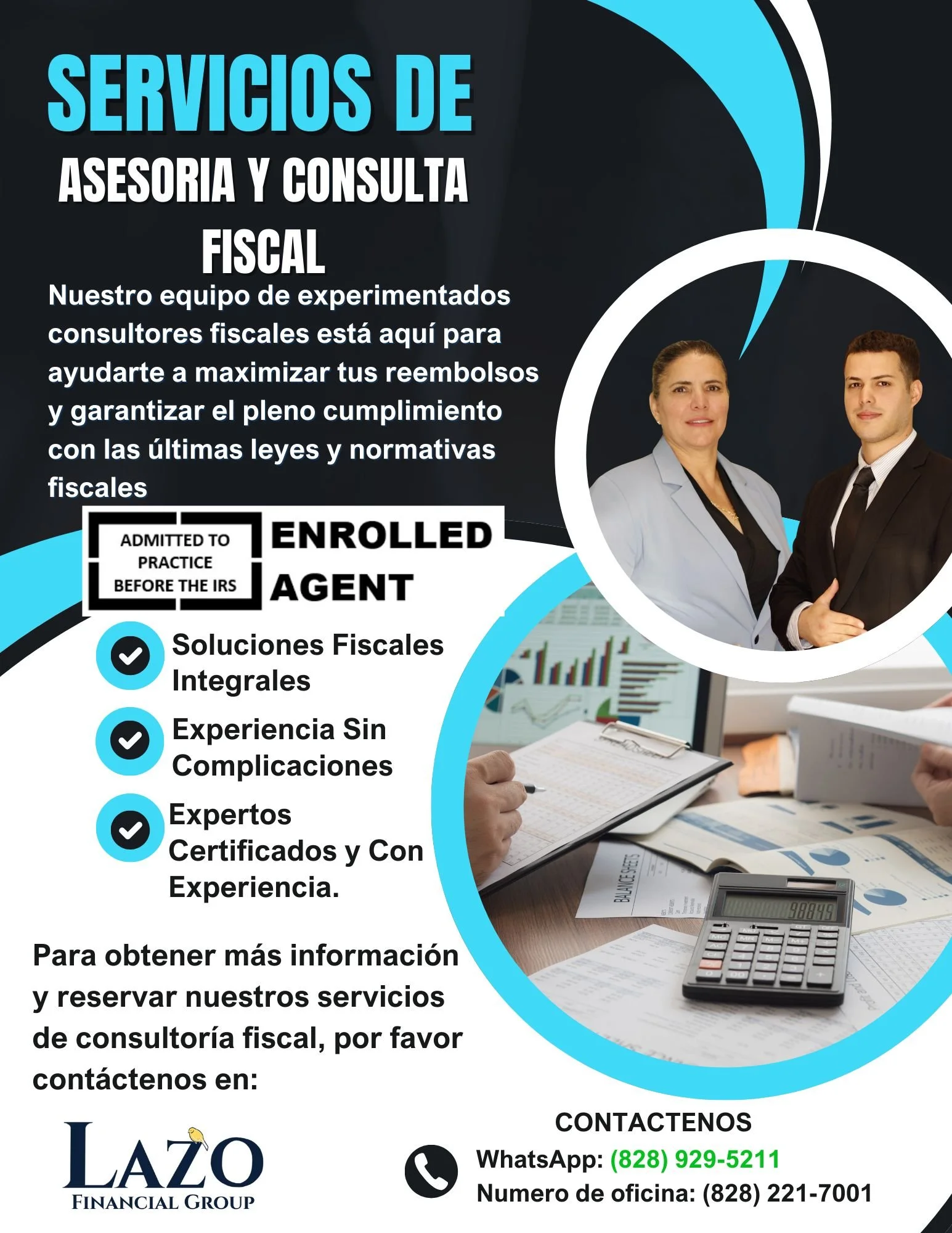 Advertisement for fiscal advisory and consulting services with images of two professionals and financial documents, including a calculator, on a desk.