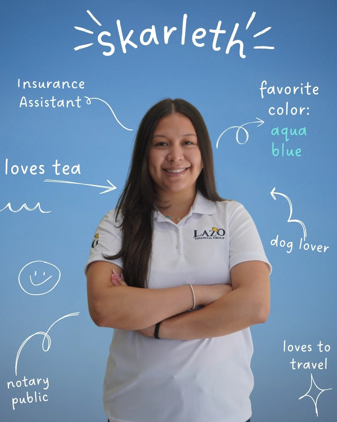 A woman with long dark hair smiling, wearing a white polo shirt with a logo, standing against a blue background with handwritten annotations describing her traits and interests, such as 'loves tea,' 'favorite color aqua blue,' 'dog lover,' 'loves to travel,' and 'notary public.'