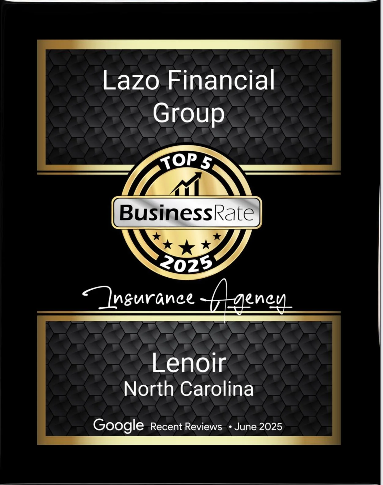 Award plaque recognizing Lazo Financial Group as a top 5 business rate insurance agency in North Carolina, June 2025, with Google recent reviews.