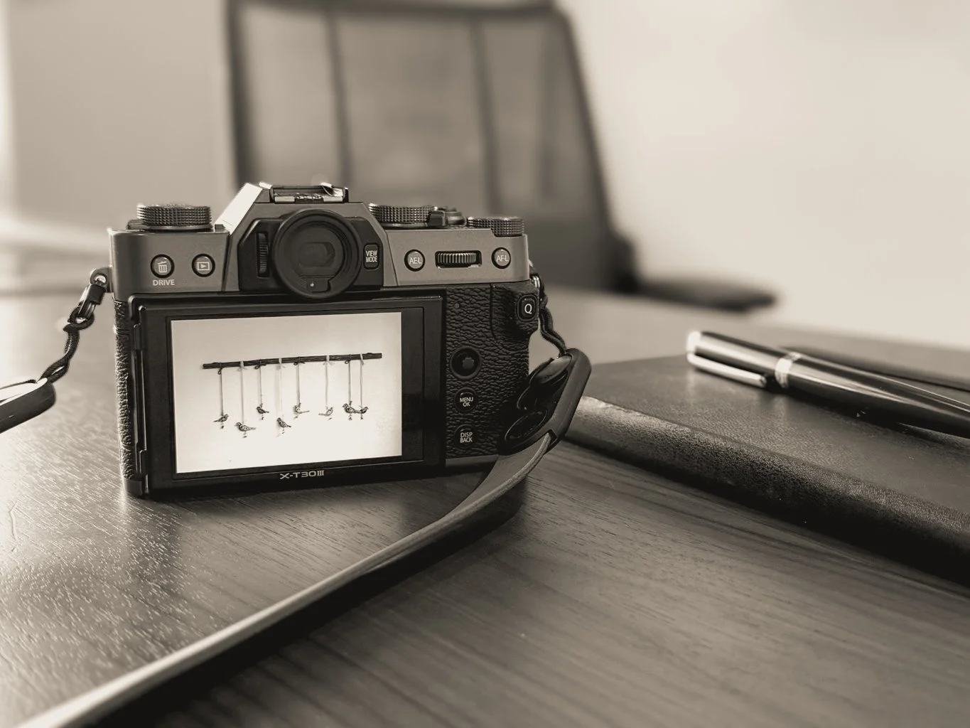 A Fujifilm X-T30 III camera with a leather notebook and fountain pen on a wood desk, in black and white. The camera's screen shows a small photo of metal birds attached by ribbons to a wood stick.