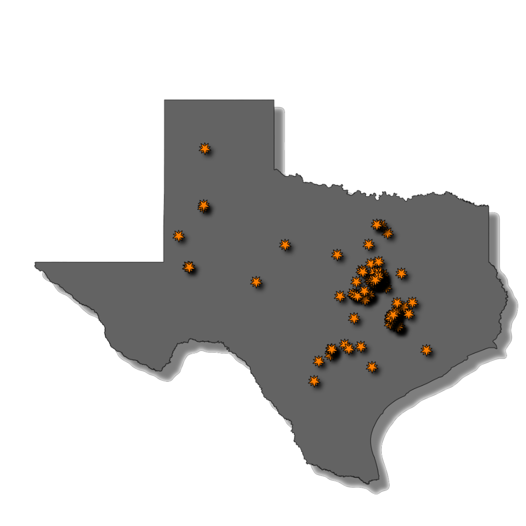 A map of Texas with numerous orange star symbols indicating specific locations.