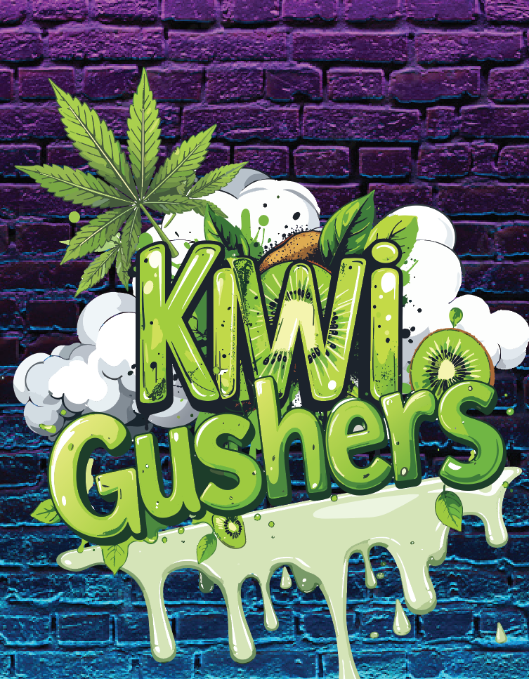 Graffiti-style artwork with the words 'Kiwis Gushers' in green bubble letters, featuring kiwi slices, cannabis leaves, and a background of purple bricks, with a lime-green liquid drip at the bottom.