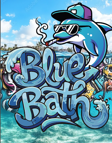 Colorful graffiti mural featuring a cartoon dolphin wearing sunglasses, a cap, and smoking a cigar, with the words 'Blue Bath' in stylized text, set against a background of water and sky.