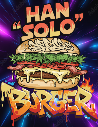 A cartoon-style burger with lettuce, tomato, cheese, bacon, and a beef patty in a bun. The background features vibrant purple and blue lightning effects. Text above and below the burger reads 'Han Solo' and 'Burger' in bold, colorful letters.