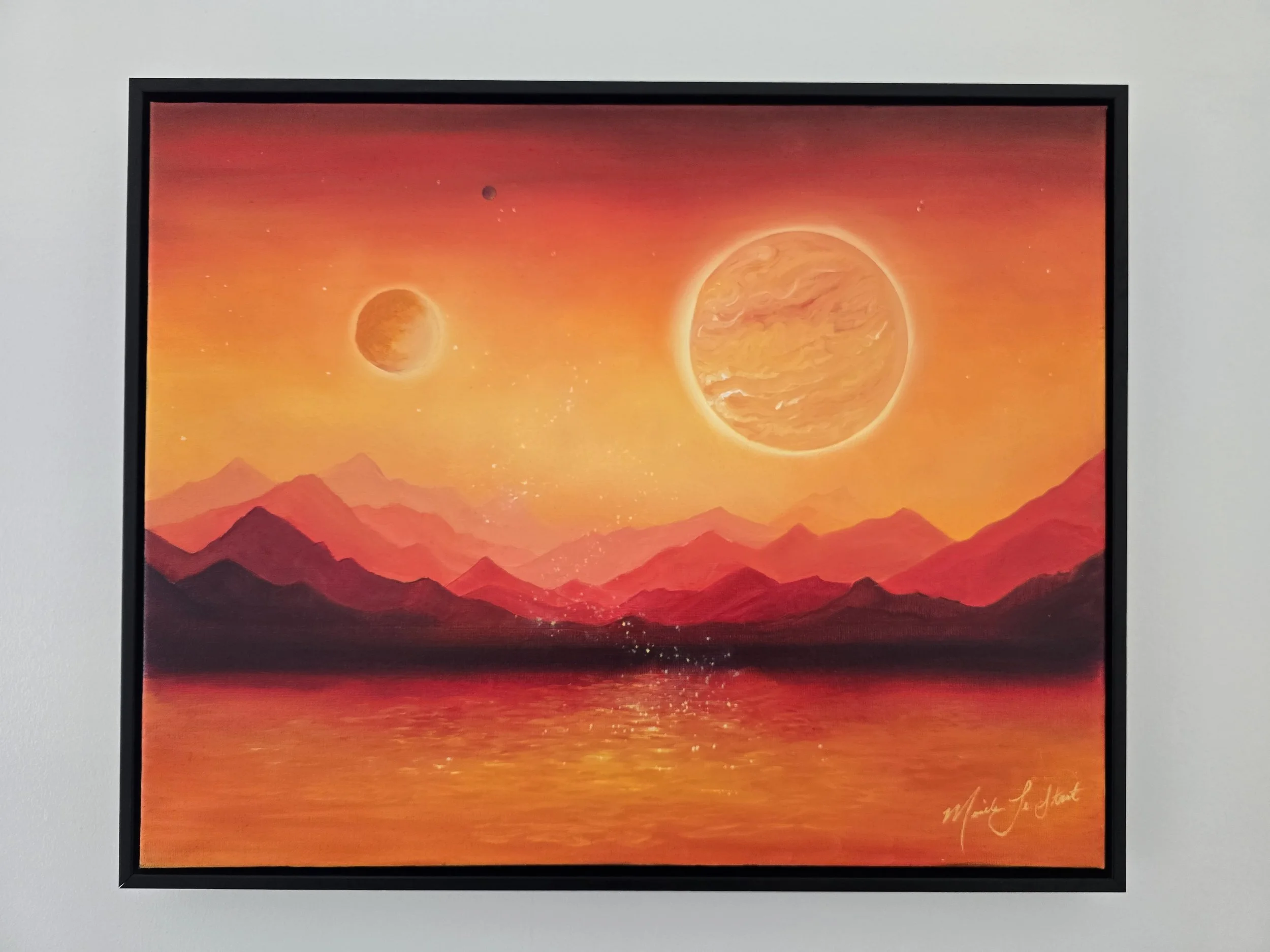 Framed original planetary space painting for sale in bright yellow orange and reds, art for star wars lovers